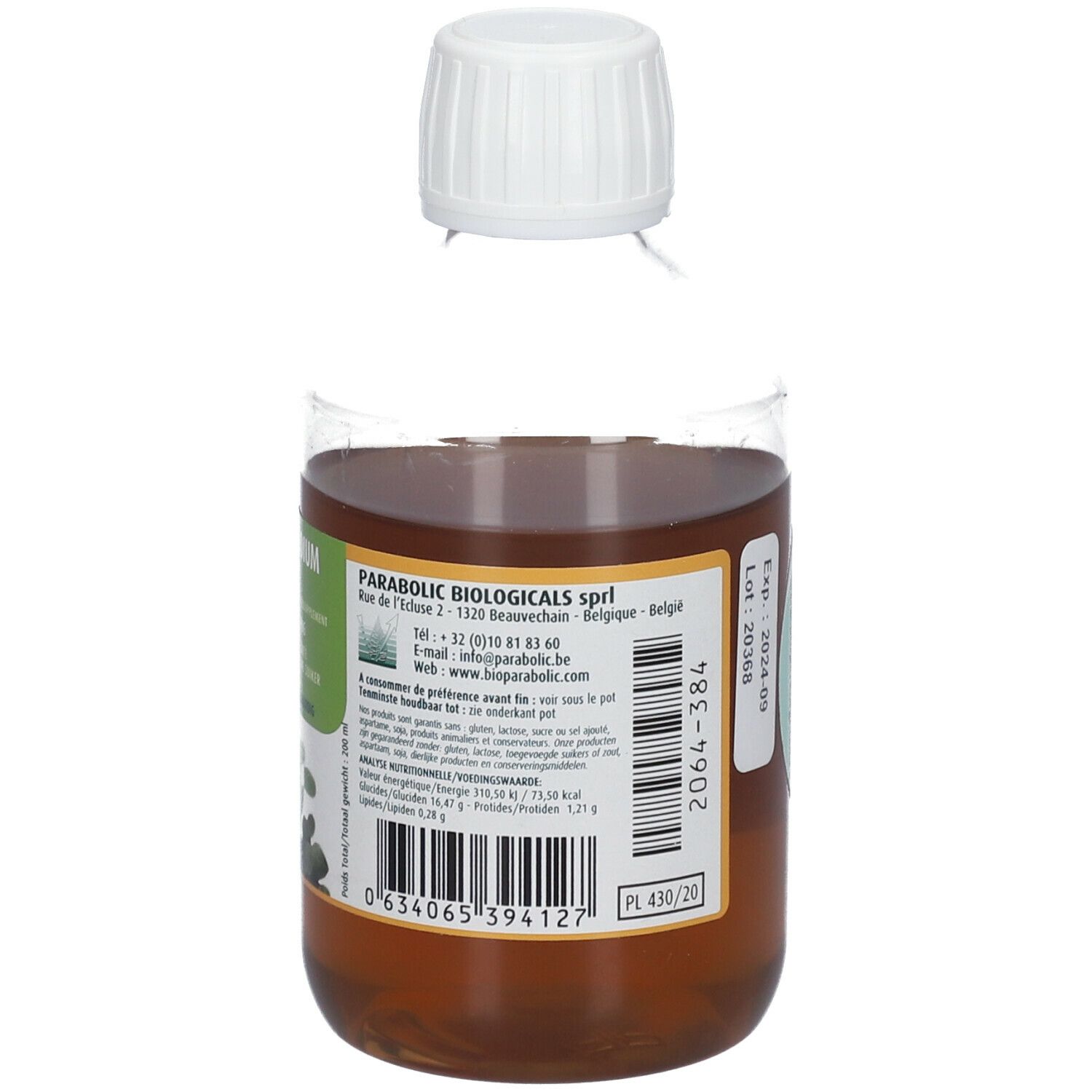 Dos de la bouteille avec liquide brun. Étiquette avec informations nutritionnelles et coordonnées. PL 430/20.
