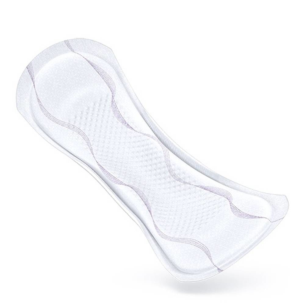 Produit d'incontinence blanc, allongé, avec coutures ondulées. La surface est texturée.