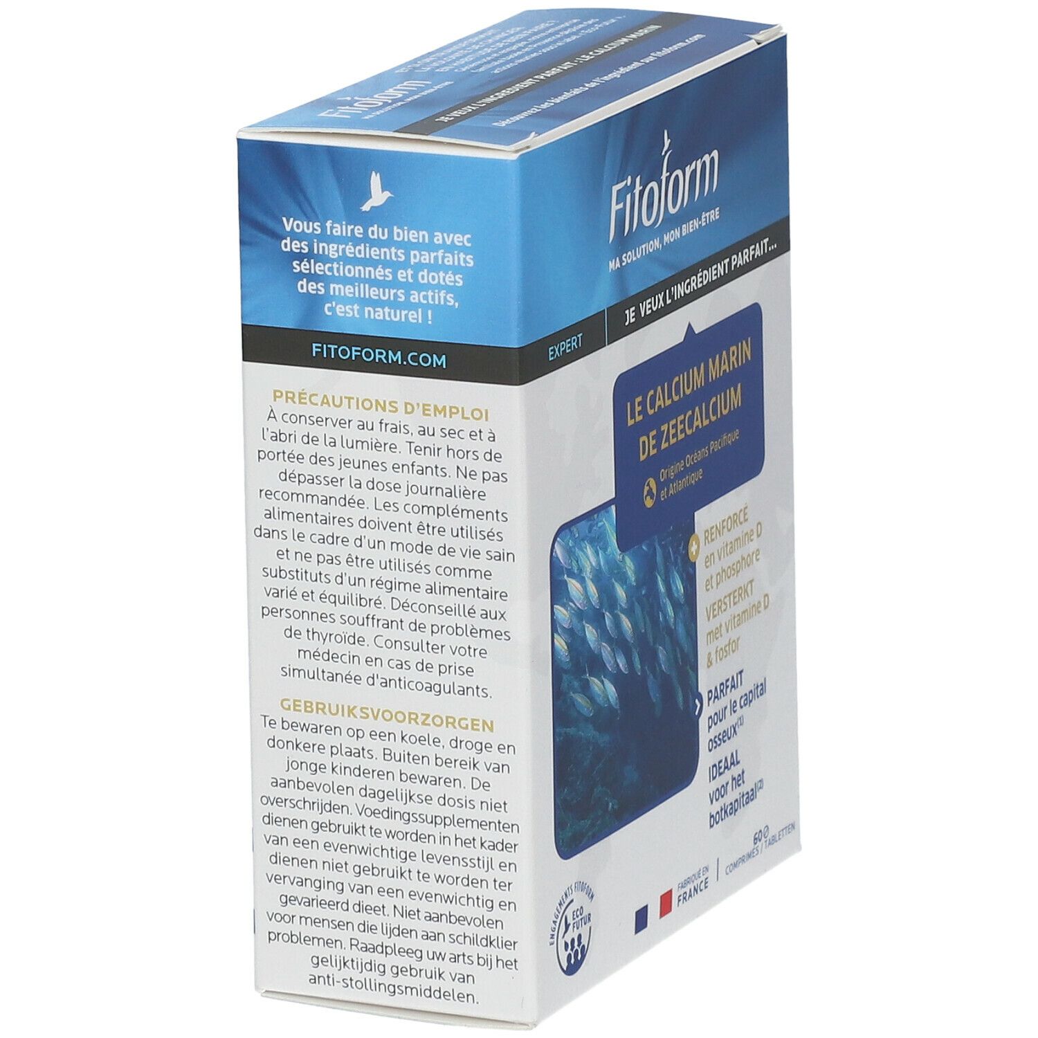 Boîte FITOFORM® Calcium Marin + Vit D, vue latérale. Texte : Précautions d'emploi, mode d'emploi. Motif de poissons et nom du produit.