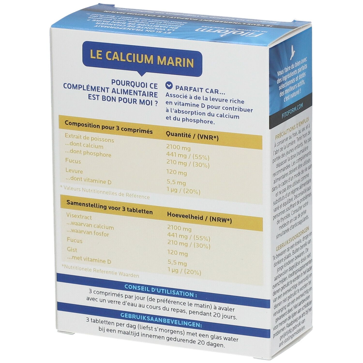 Dos de la boîte FITOFORM® Calcium Marin + Vit D. Tableau des ingrédients et conseils d'utilisation. 3 comprimés par jour.