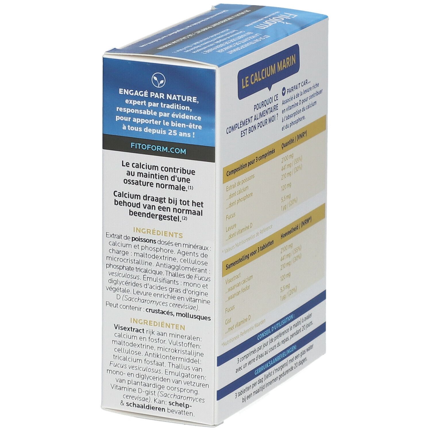 Dos de la boîte FITOFORM® Calcium Marin + Vit D. Ingrédients, conseils d'utilisation et informations sur l'absorption du calcium.