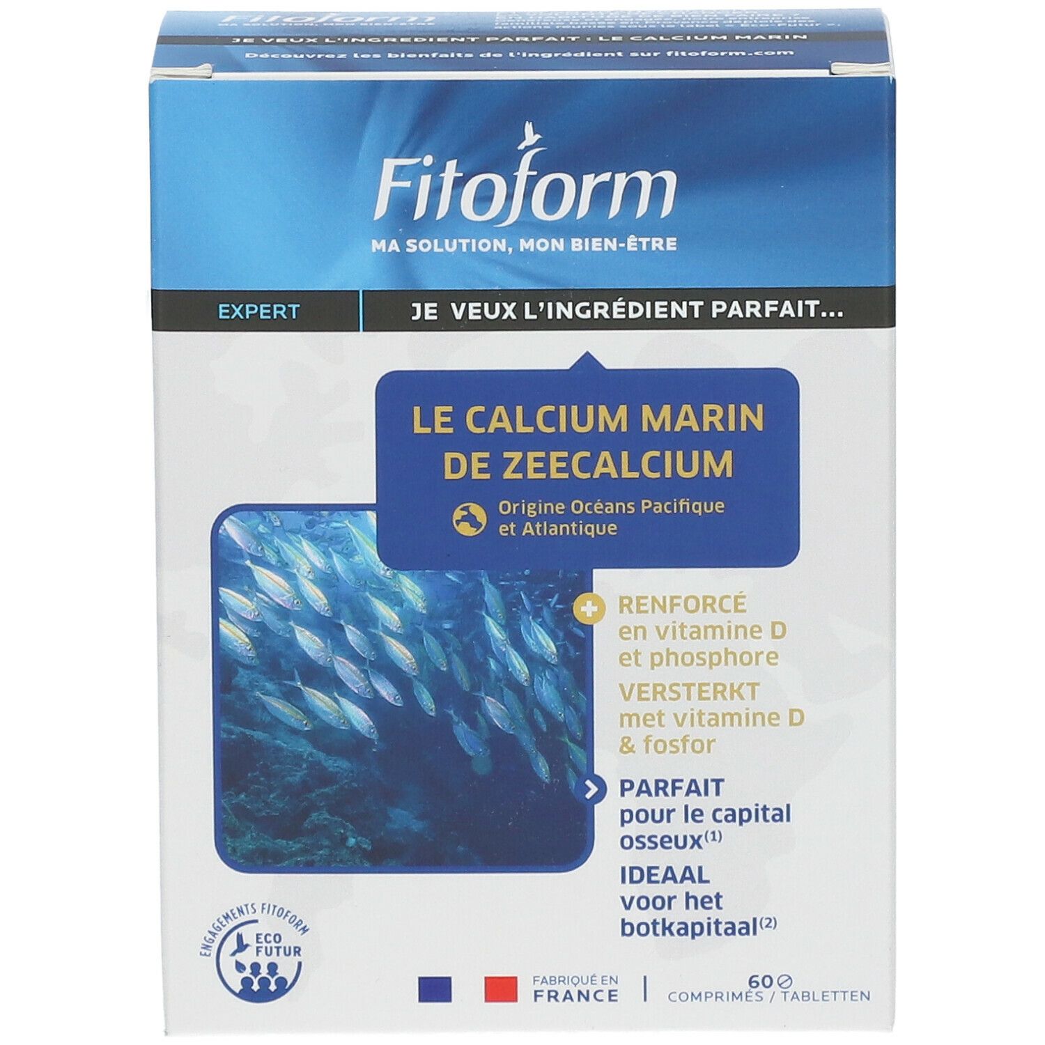 Boîte FITOFORM® Calcium Marin + Vit D. Vue de face avec nom du produit, motif de poissons et ingrédients. 60 comprimés.