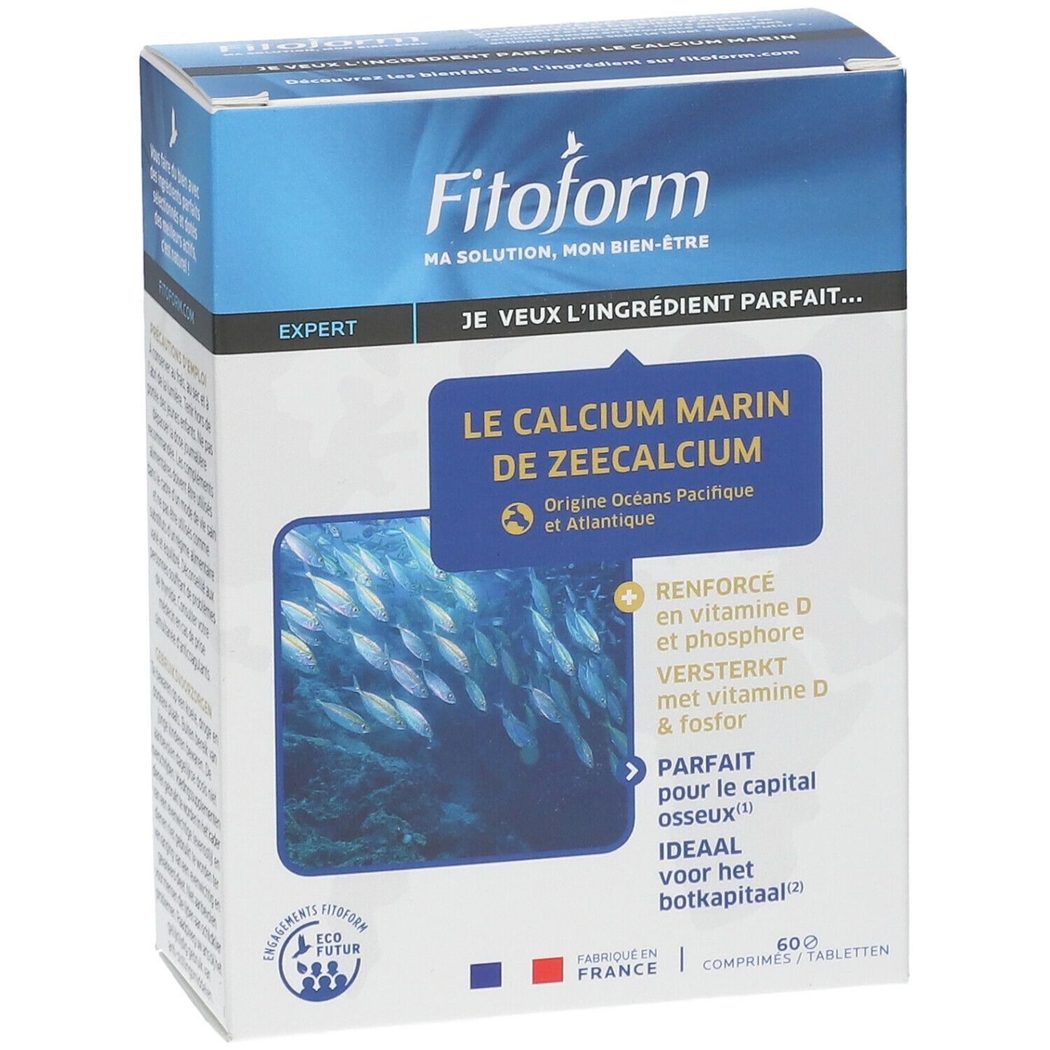Boîte FITOFORM® Calcium Marin + Vit D. Vue de face avec nom du produit, motif de poissons et ingrédients. 60 comprimés.