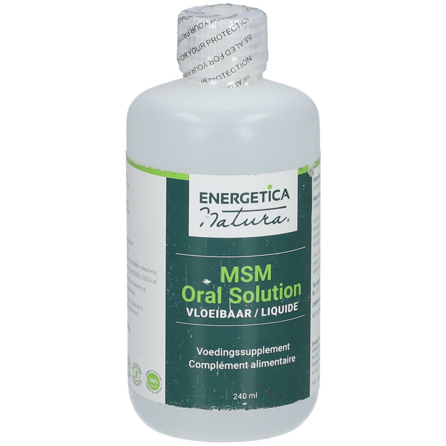 Flacon de solution orale MSM. Étiquette verte et blanche avec nom et marque du produit. Bouchon scellé.