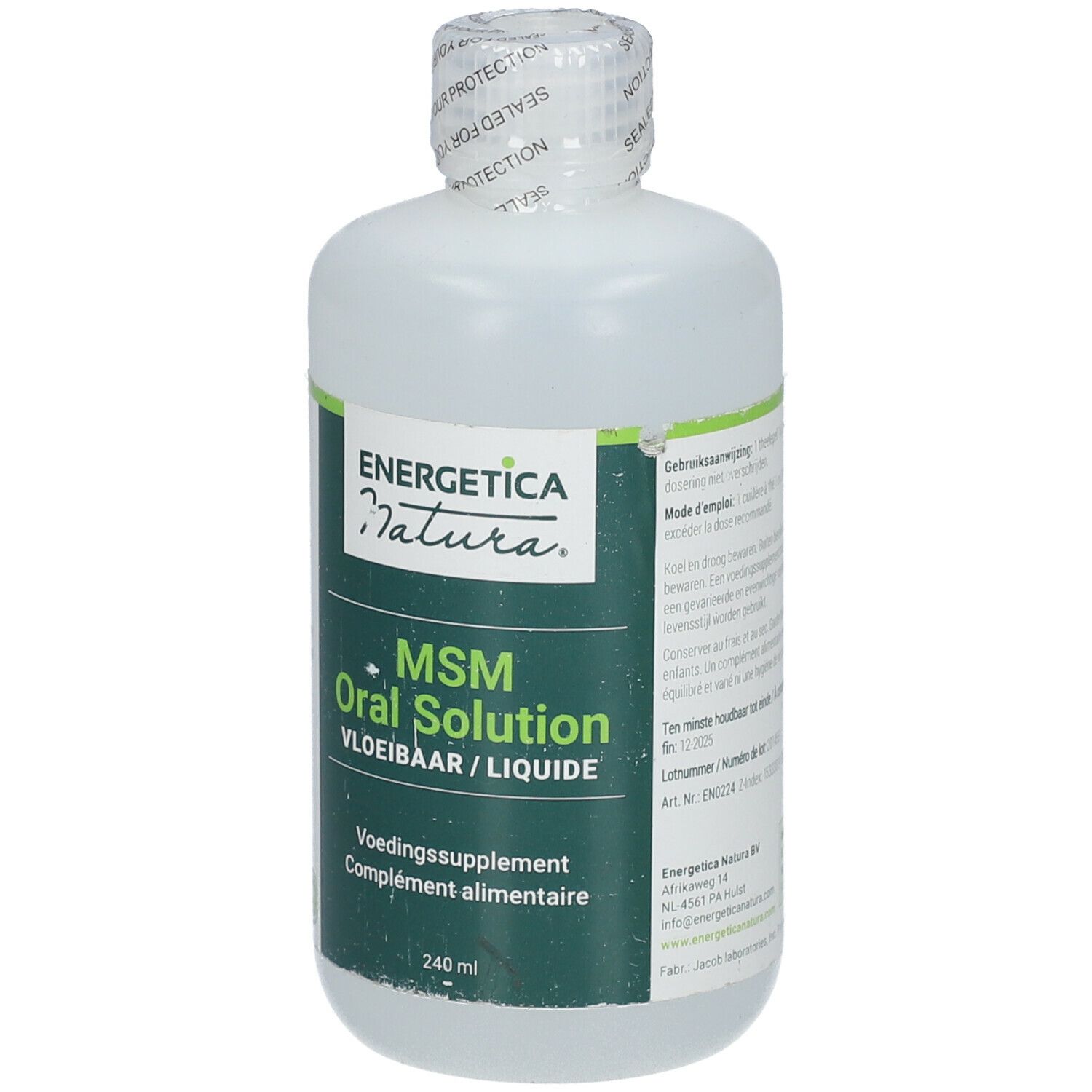 Flacon de solution orale MSM. Étiquette verte et blanche avec nom et marque du produit. Bouchon scellé.