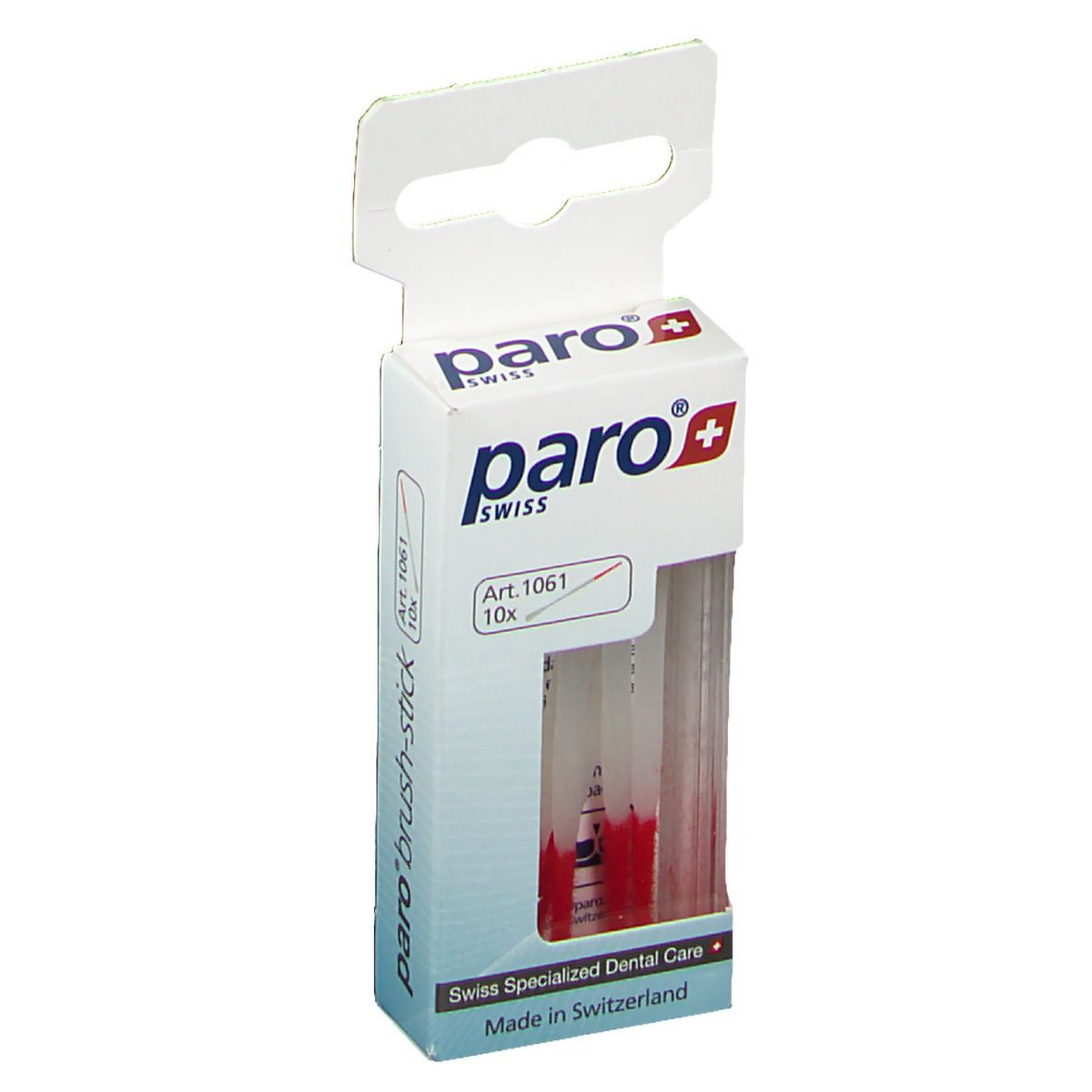 Emballage paro brush-stick. Fenêtre montrant des brosses rouges. Marque : paro Swiss. Art. 1061, 10 pièces.