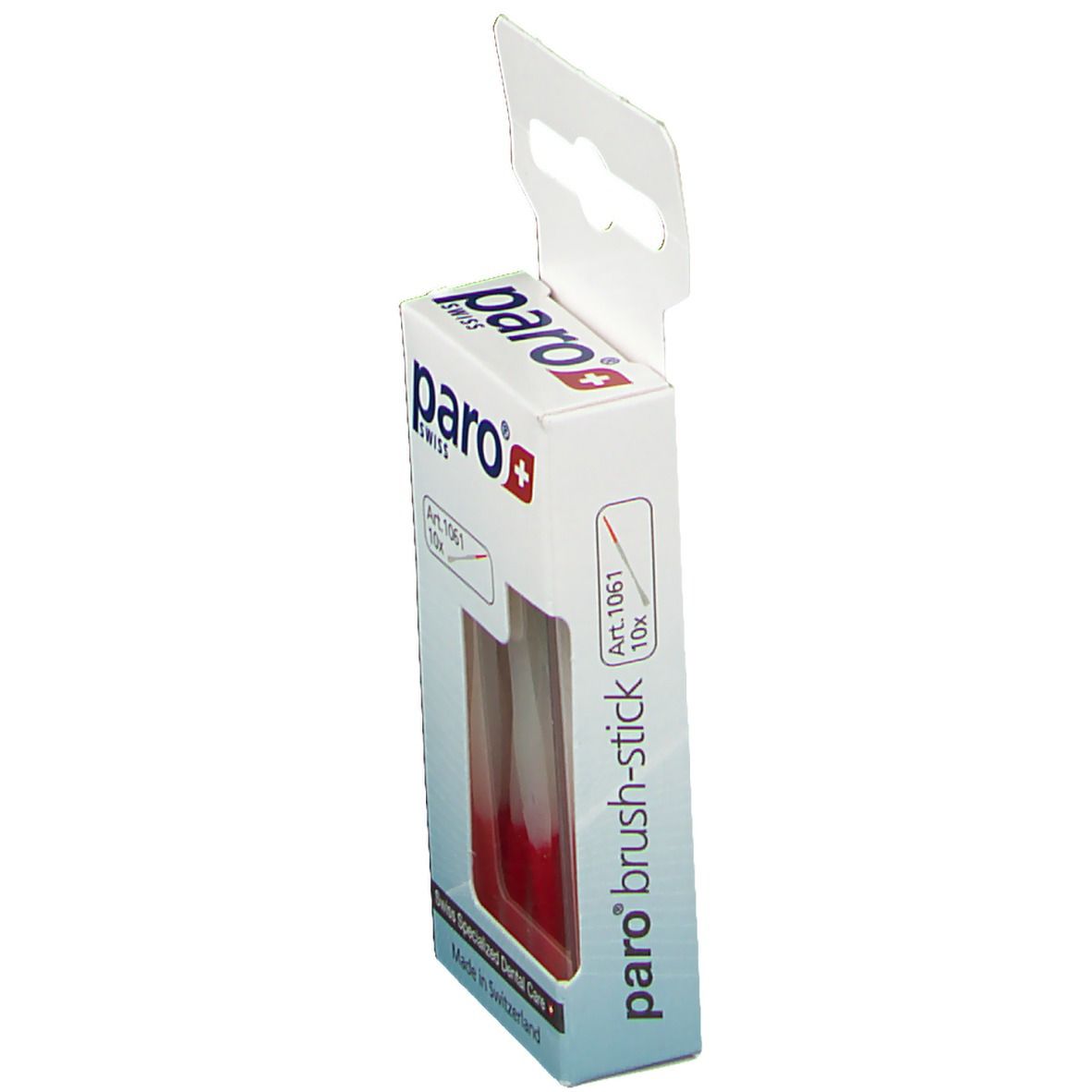 Vue latérale de l'emballage paro brush-stick. Fenêtre avec brosses rouges. Marque : paro Swiss. Art. 1061.