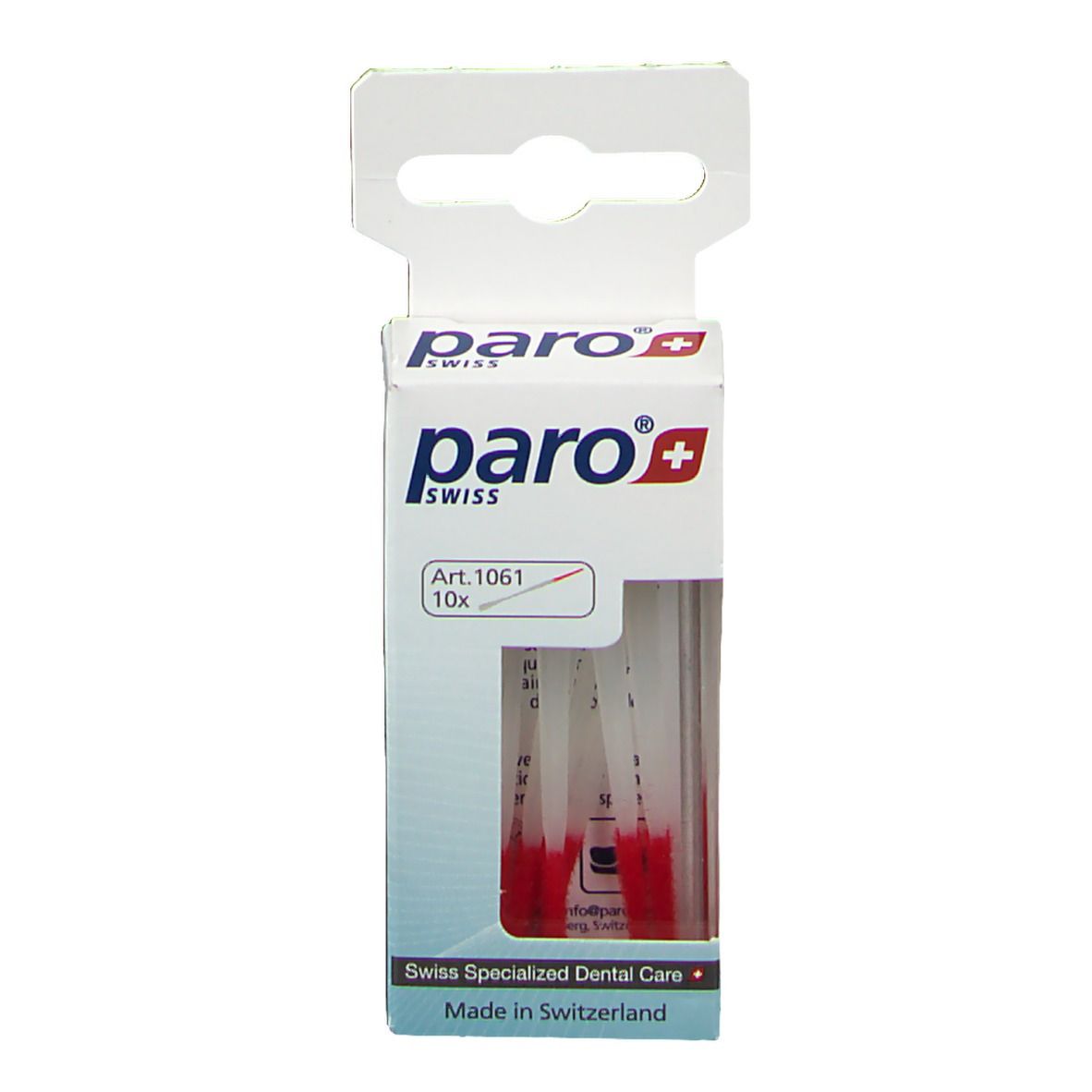 Emballage paro brush-stick. Fenêtre montrant des brosses rouges. Marque : paro Swiss. Art. 1061, 10 pièces.