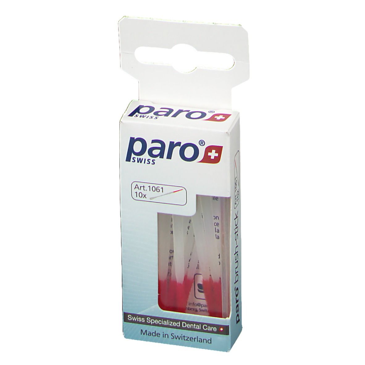 Emballage paro brush-stick. Fenêtre montrant des brosses rouges. Marque : paro Swiss. Art. 1061, 10 pièces.