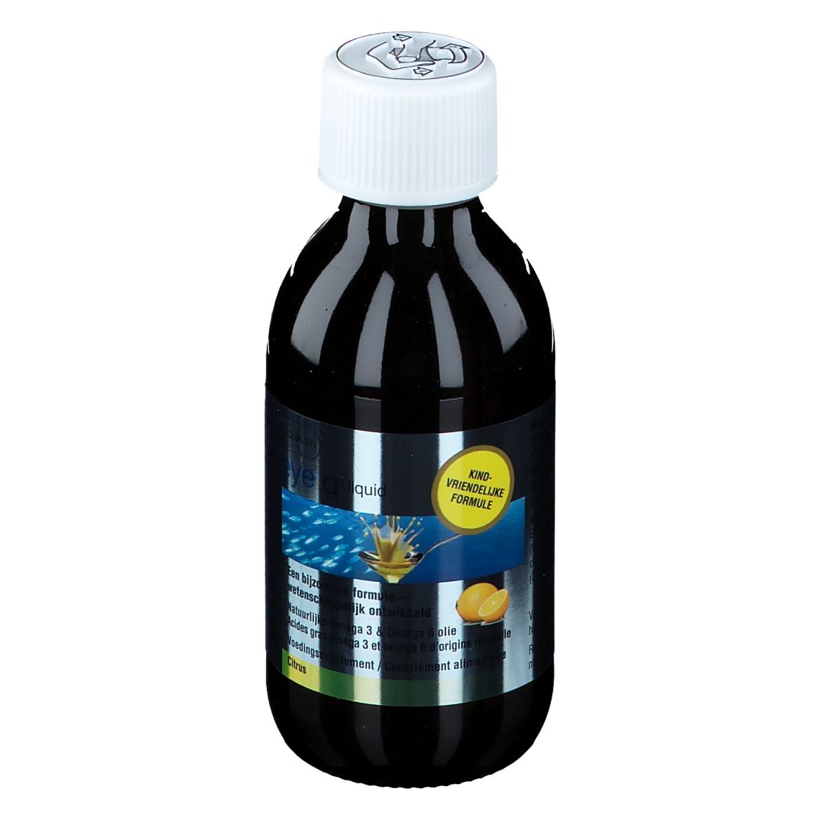 Liquide brun en bouteille avec bouchon blanc. Étiquette avec texte et cercle jaune.