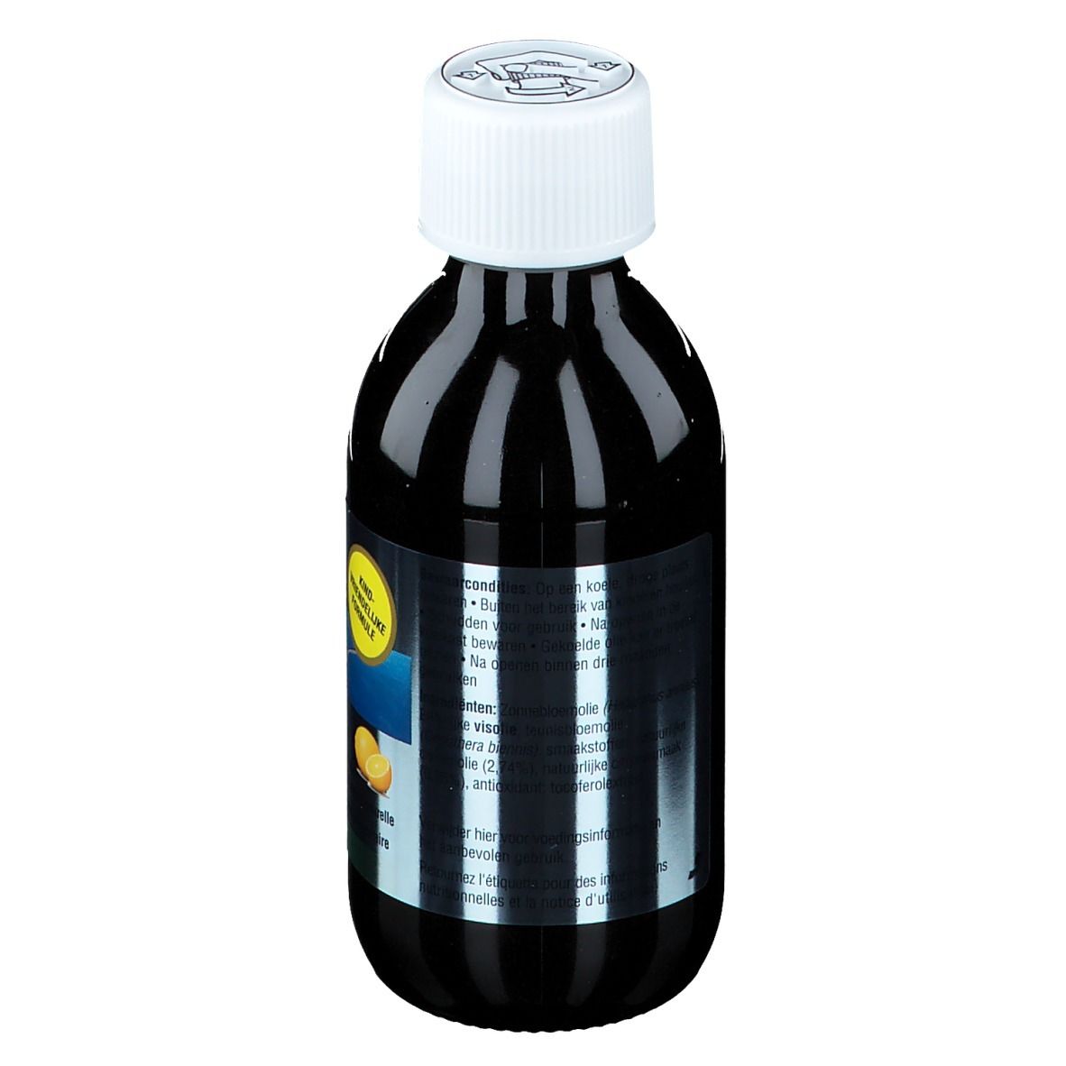Liquide brun en bouteille avec bouchon blanc. Étiquette avec texte.