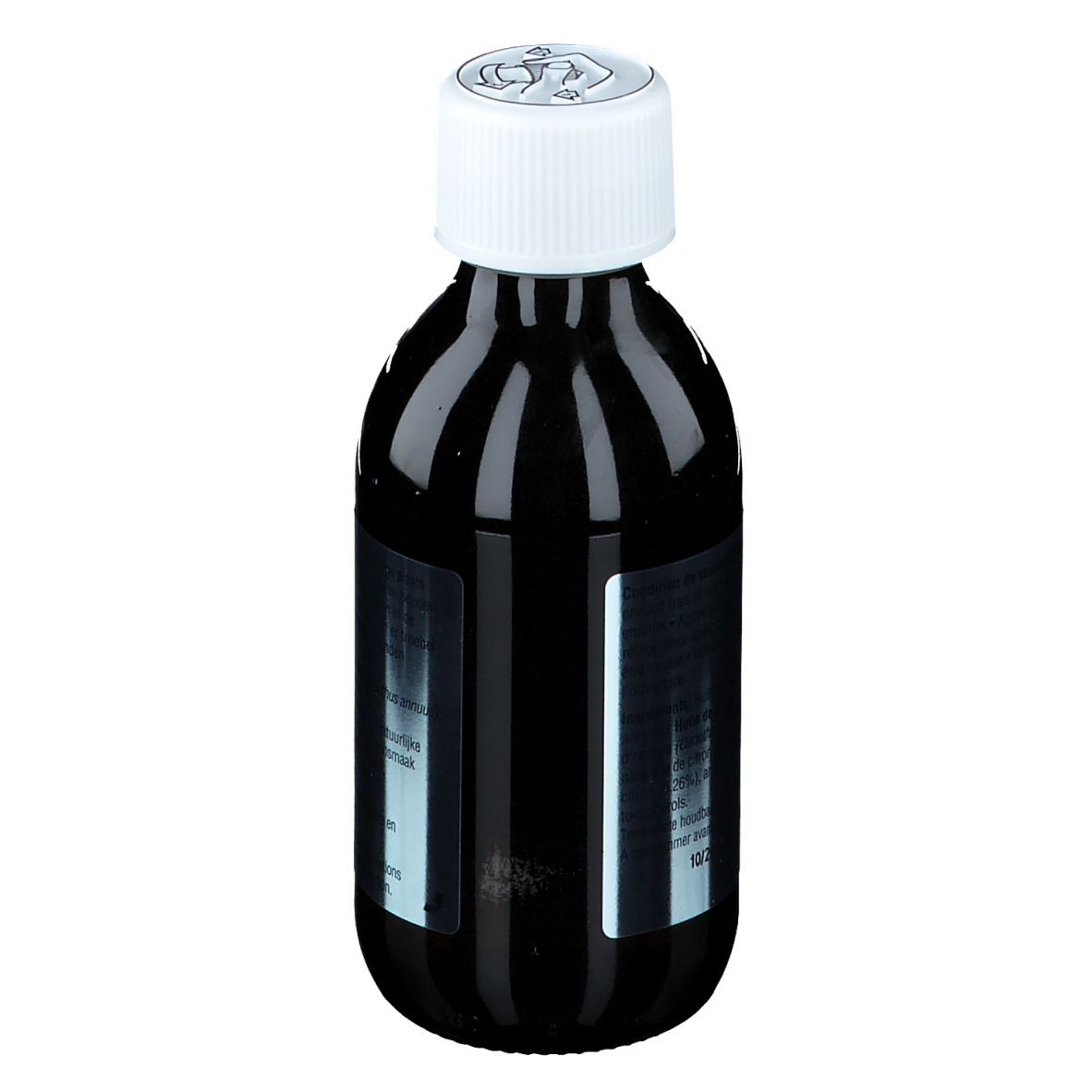 Liquide brun en bouteille avec bouchon blanc. Étiquette avec texte.