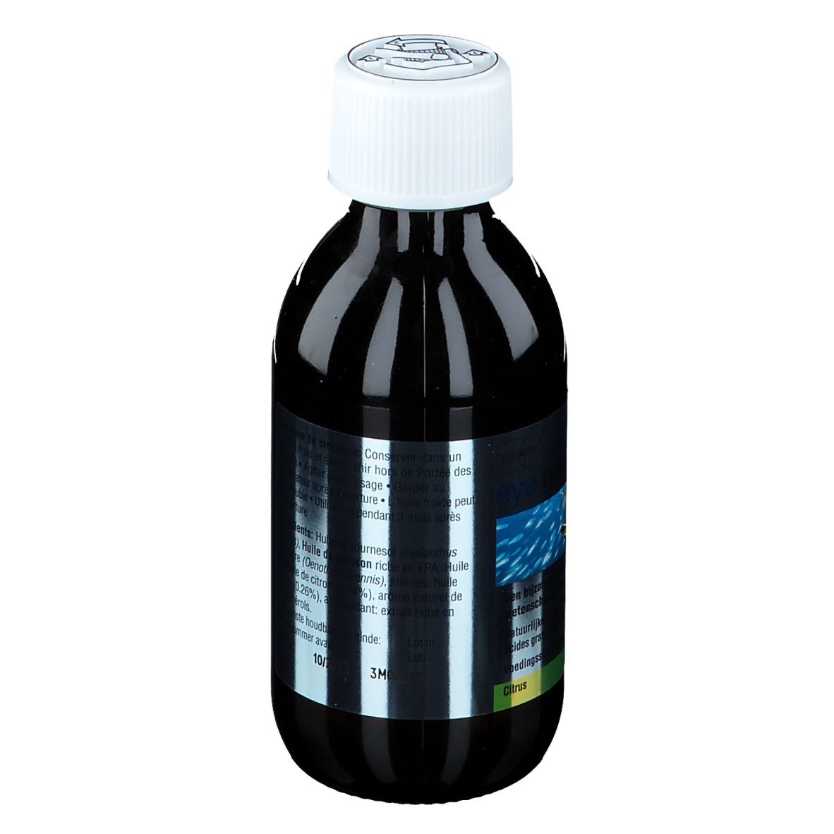 Liquide brun en bouteille avec bouchon blanc. Étiquette avec texte.