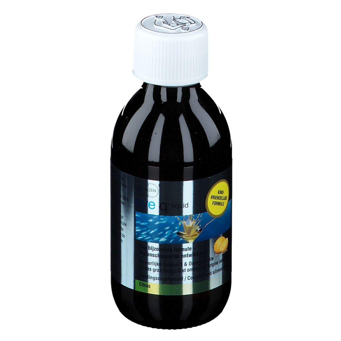 Liquide brun en bouteille avec bouchon blanc. Étiquette avec texte et cercle jaune.