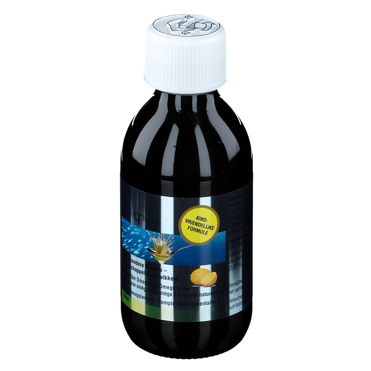 Liquide brun en bouteille avec bouchon blanc. Étiquette avec texte et cercle jaune.
