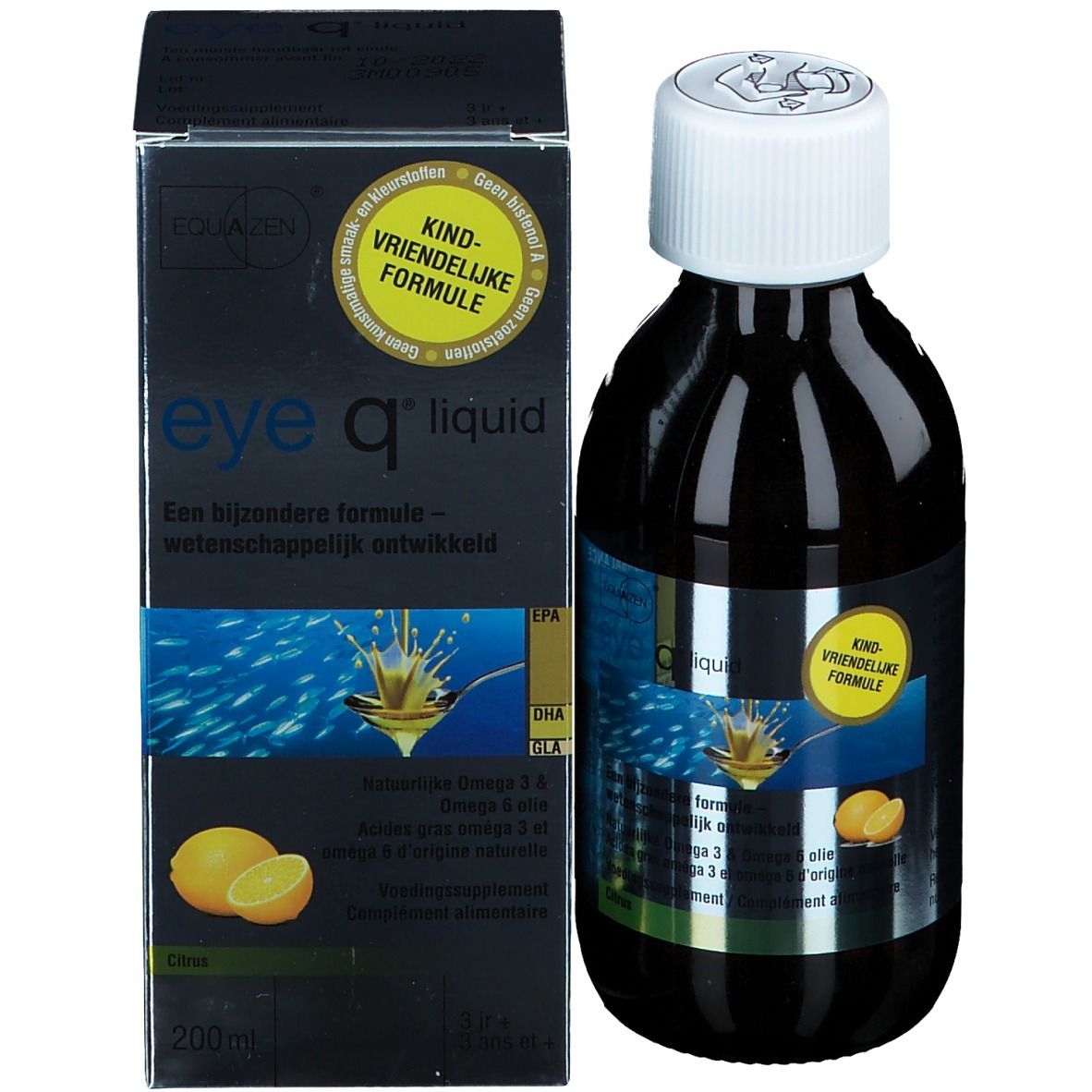 Liquide brun et emballage. L'emballage porte la mention 'eye q liquid'.