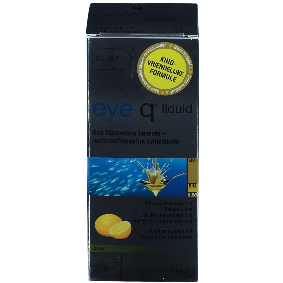 Emballage avec texte et illustration du produit. L'emballage porte la mention 'eye q liquid'.