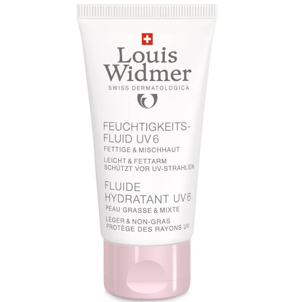 Tube blanche avec bouchon rose. Inscription: Louis Widmer, Fluide Hydratant UV6. Pour peaux grasses & mixtes.