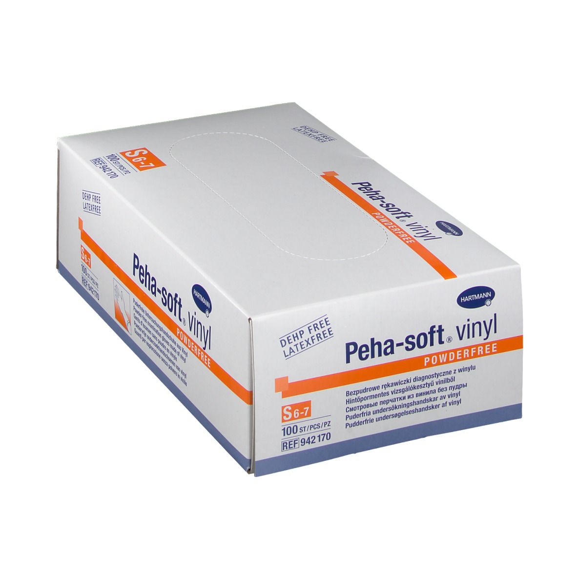 Boîte blanche avec inscriptions. Inscription : Peha-soft vinyl powderfree. Taille S 6-7. 100 pièces.