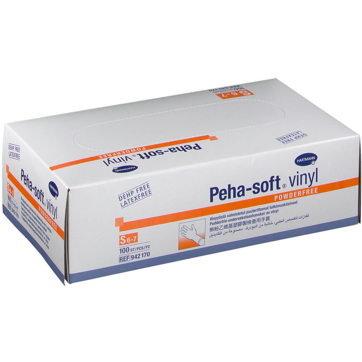 Boîte blanche avec inscriptions. Inscription : Peha-soft vinyl powderfree. Taille S 6-7. 100 pièces.