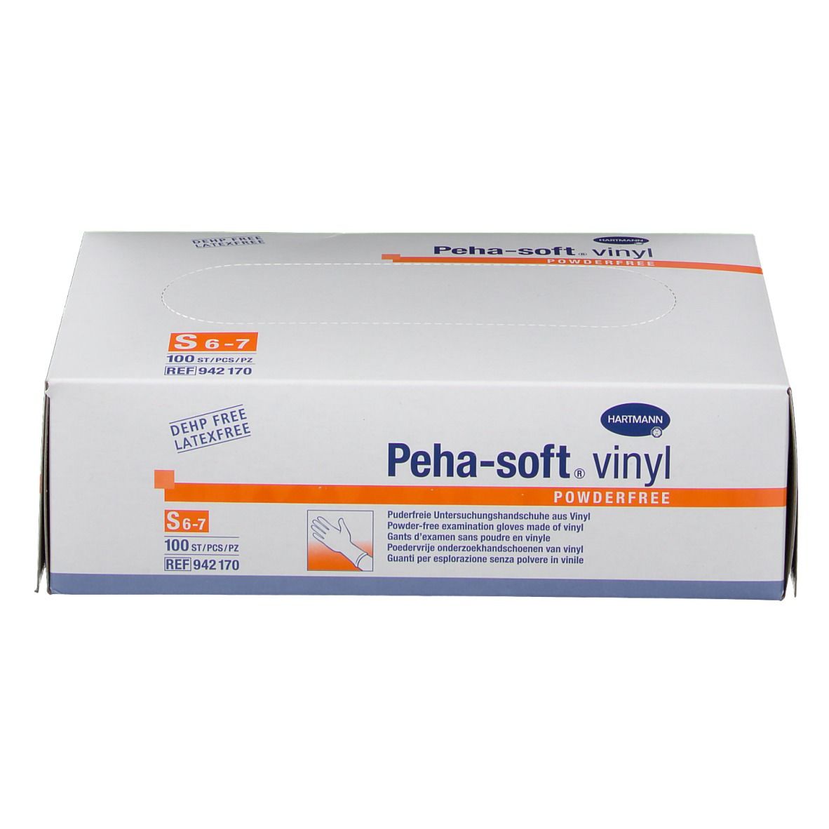Boîte blanche avec inscriptions. Inscription : Peha-soft vinyl powderfree. Taille S 6-7. 100 pièces.