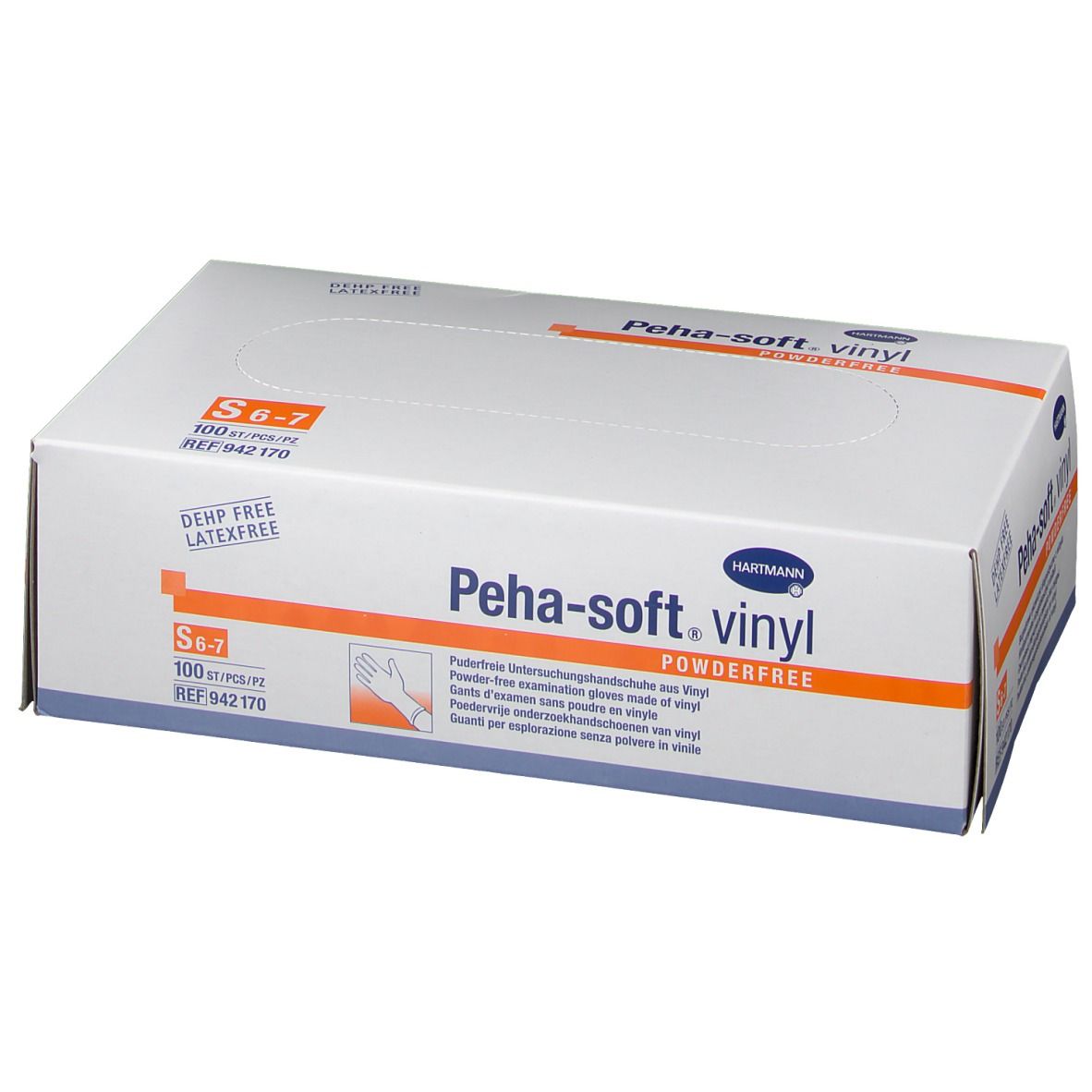 Boîte blanche avec inscriptions. Inscription : Peha-soft vinyl powderfree. Taille S 6-7. 100 pièces.