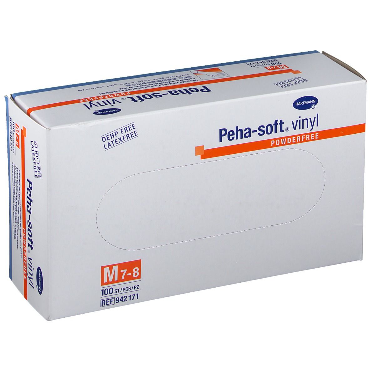 Boîte de gants Peha-soft vinyl, sans poudre. Taille M 7-8, 100 pièces. Marque HARTMANN. Éléments blancs, bleus et orange.