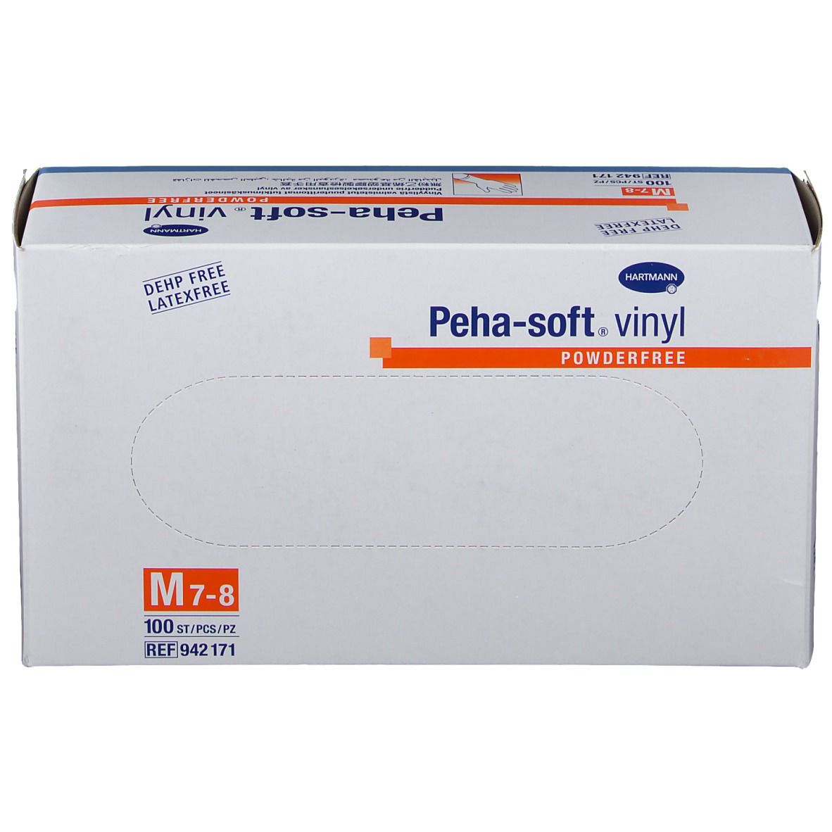 Boîte de gants Peha-soft vinyl, sans poudre. Taille M 7-8, 100 pièces. Marque HARTMANN. Éléments blancs, bleus et orange.