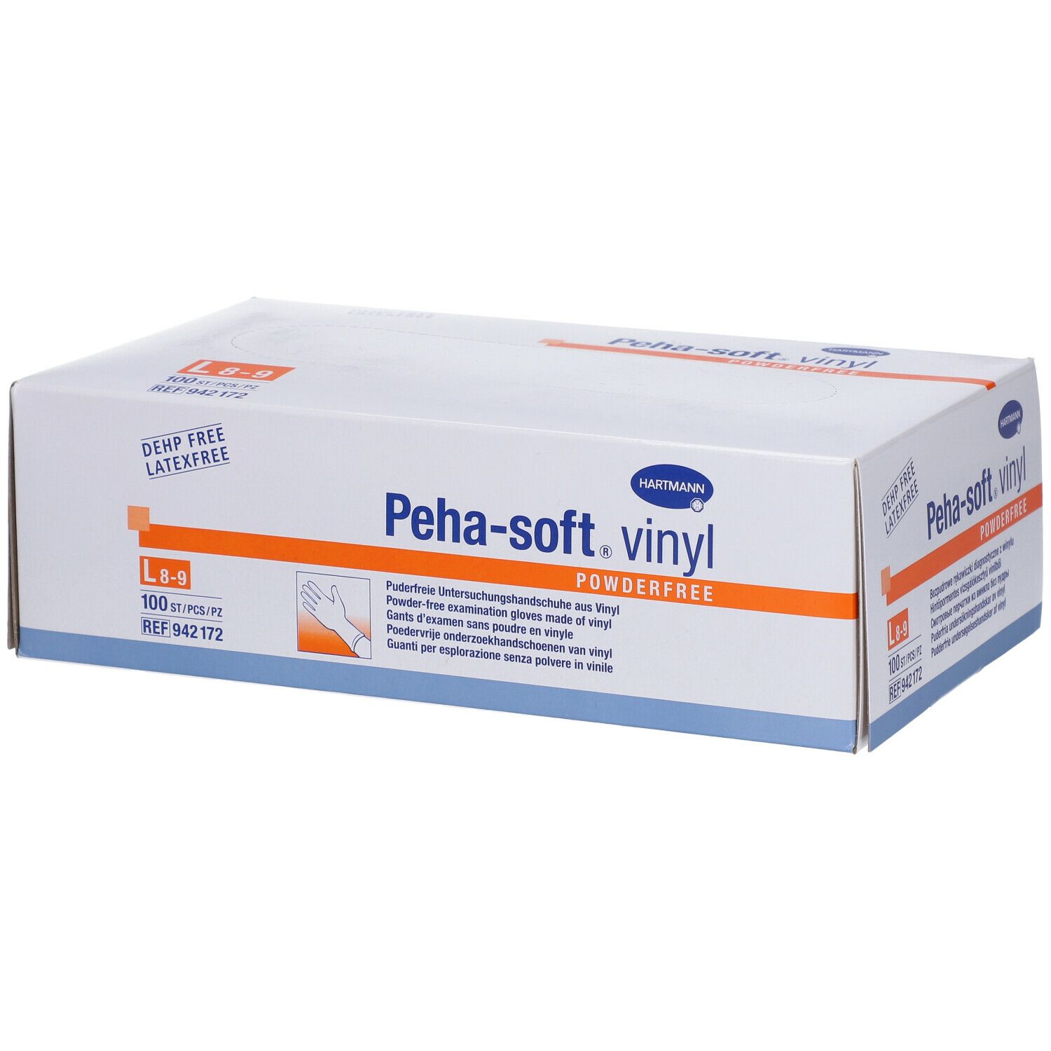 Boîte blanche HARTMANN Peha-soft vinyl. Inscriptions : L 8-9, 100 pièces, sans poudre, sans DEHP, sans latex. Illustration du produit.