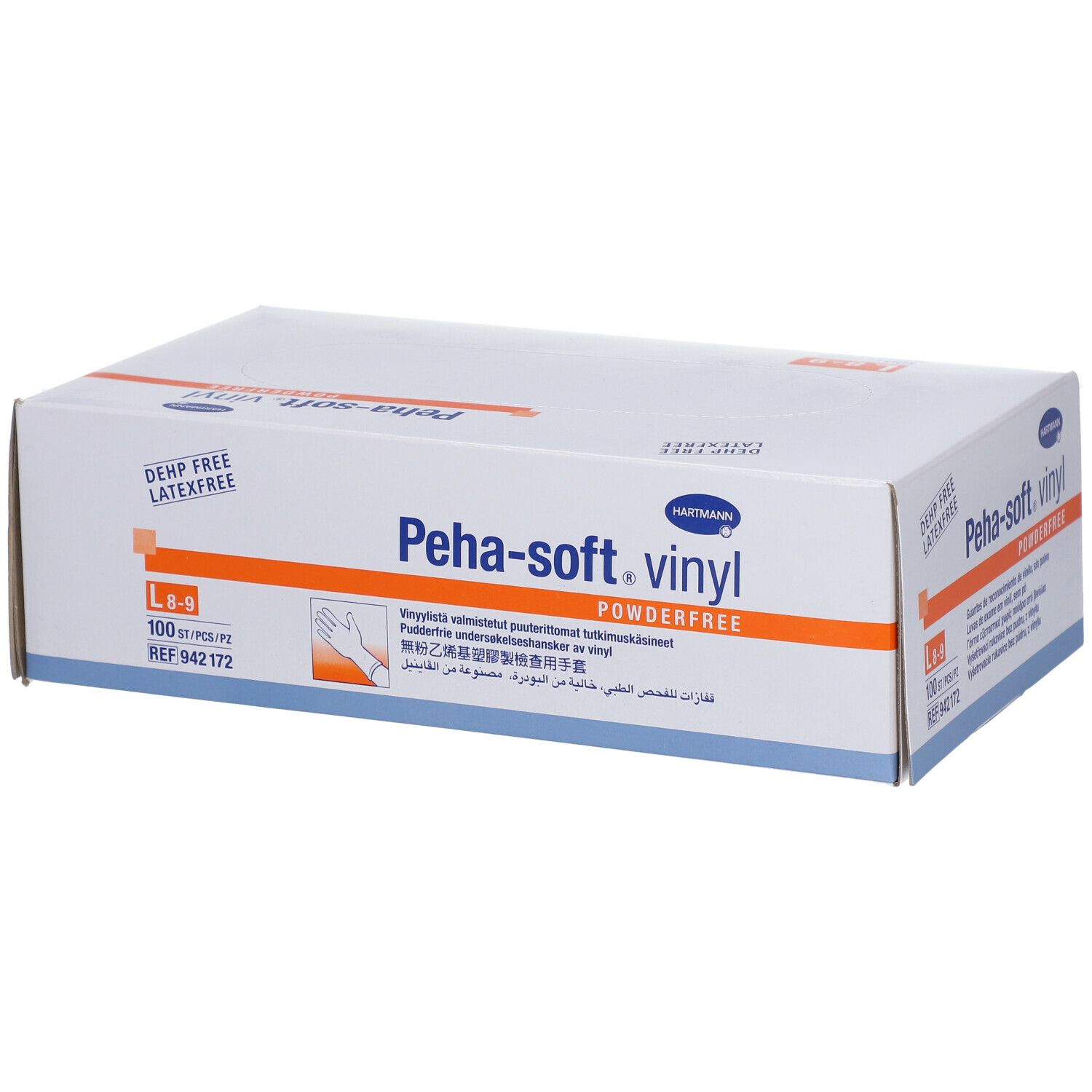 Boîte blanche HARTMANN Peha-soft vinyl. Inscriptions : L 8-9, 100 pièces, sans poudre, sans DEHP, sans latex. Illustration du produit.