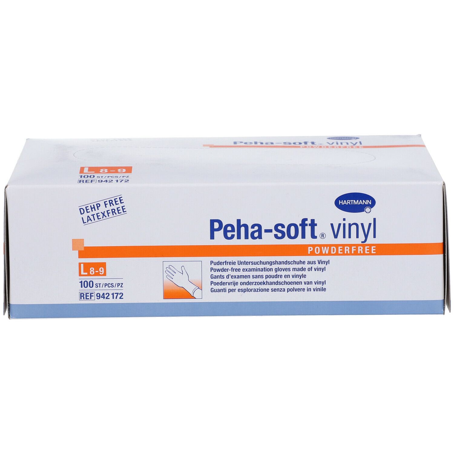 Boîte blanche HARTMANN Peha-soft vinyl. Inscriptions : L 8-9, 100 pièces, sans poudre, sans DEHP, sans latex. Illustration du produit.
