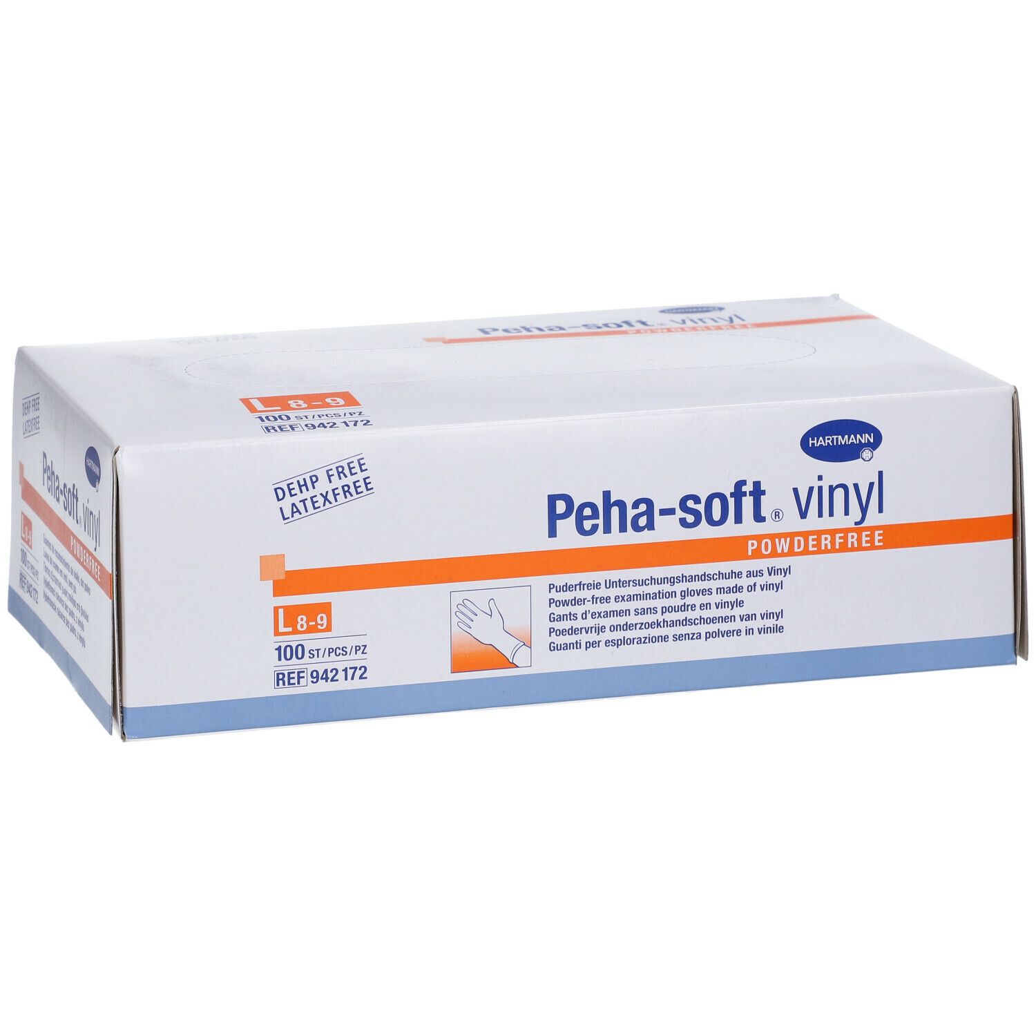 Boîte blanche HARTMANN Peha-soft vinyl. Inscriptions : L 8-9, 100 pièces, sans poudre, sans DEHP, sans latex. Illustration du produit.