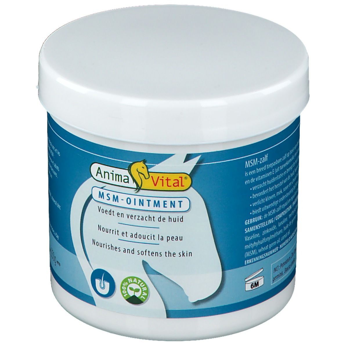 Pot blanc avec étiquette bleue. Inscription: AnimaVital MSM-OINTMENT. Contient 250g. Avec logo naturel.