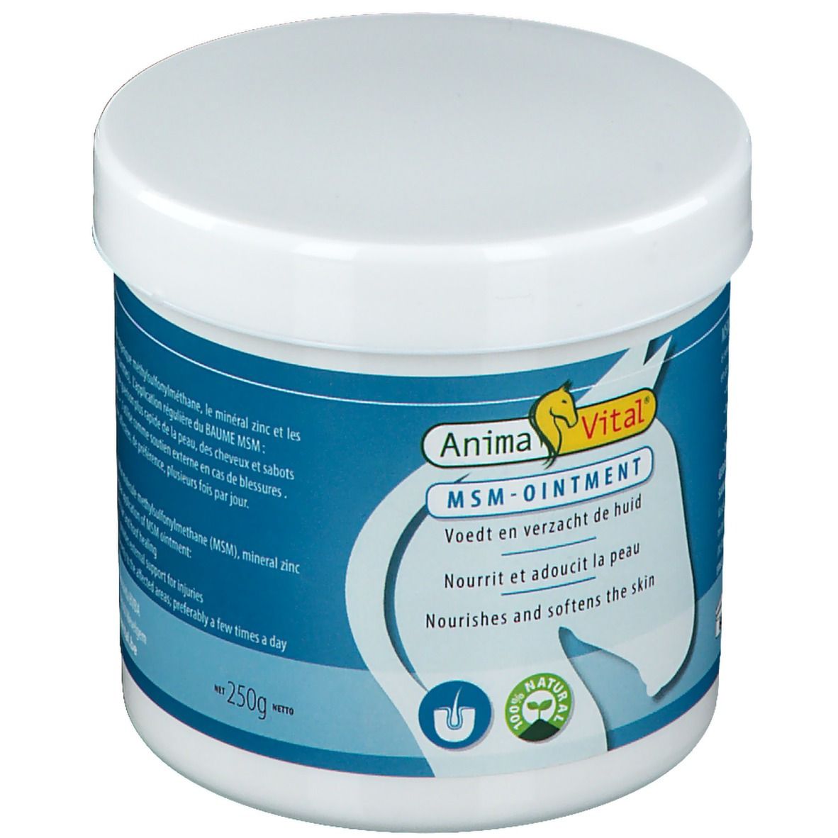 Pot blanc avec étiquette bleue. Inscription: AnimaVital MSM-OINTMENT. Contient 250g. Avec logo naturel.