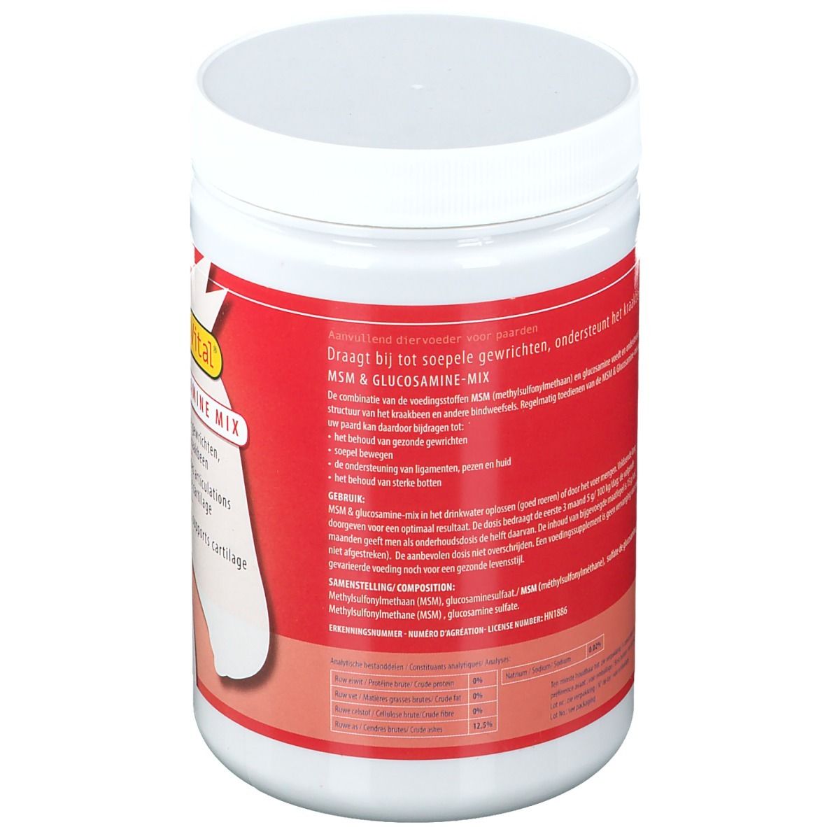 Rückseite einer weißen, zylindrischen Produktverpackung mit rotem Etikett. Textinformationen zu Inhaltsstoffen und Anwendung.