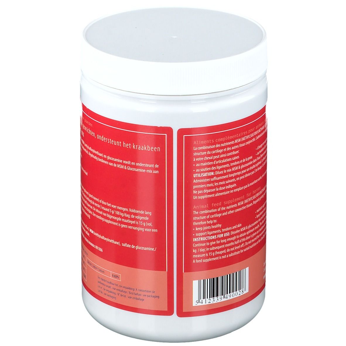 Rückseite einer weißen, zylindrischen Produktverpackung mit rotem Etikett. Textinformationen zu Inhaltsstoffen und Anwendung.