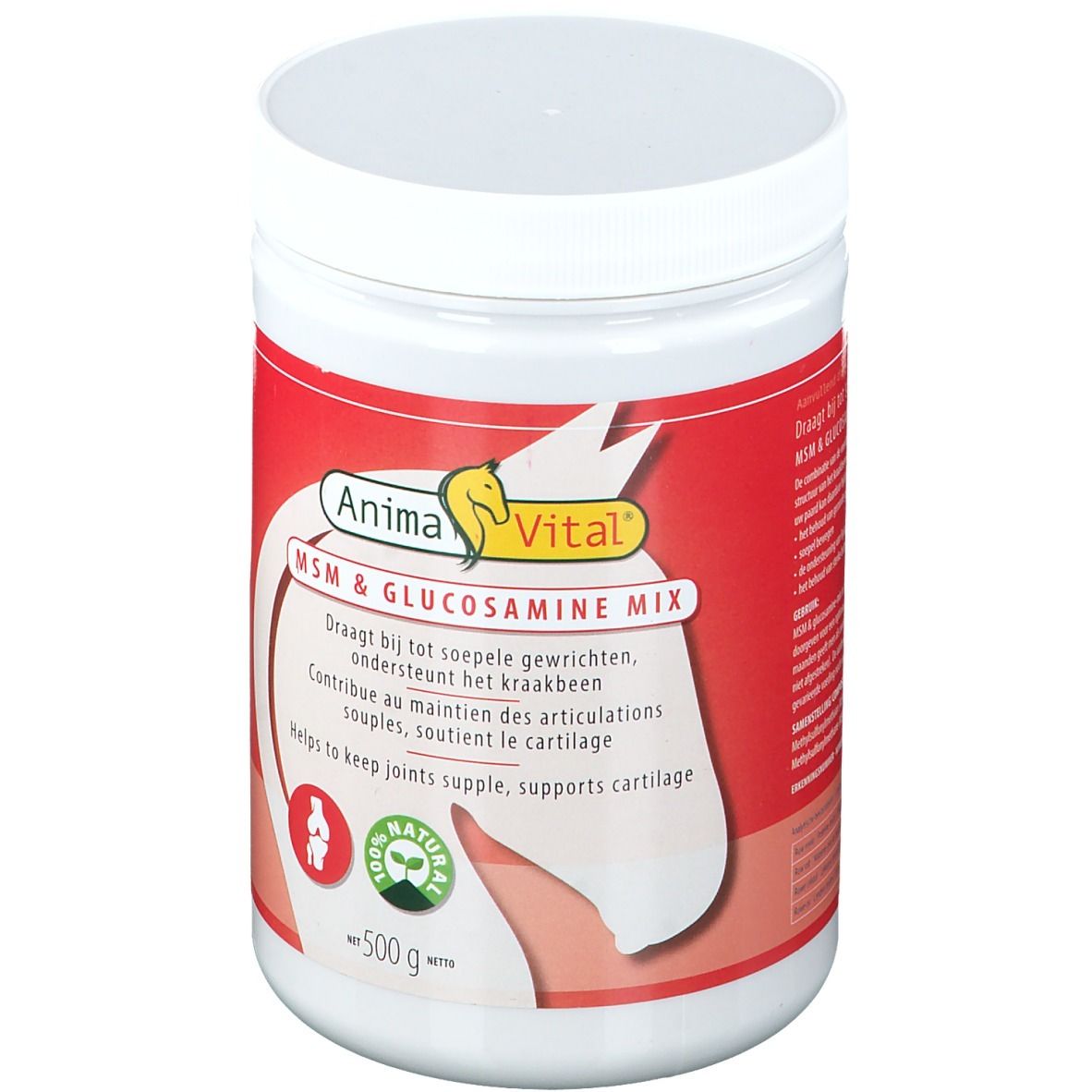 Weißes, zylindrisches Produktgebinde mit rotem Etikett. Aufschrift: Anima Vital MSM & Glucosamine Mix. 100% Natural.