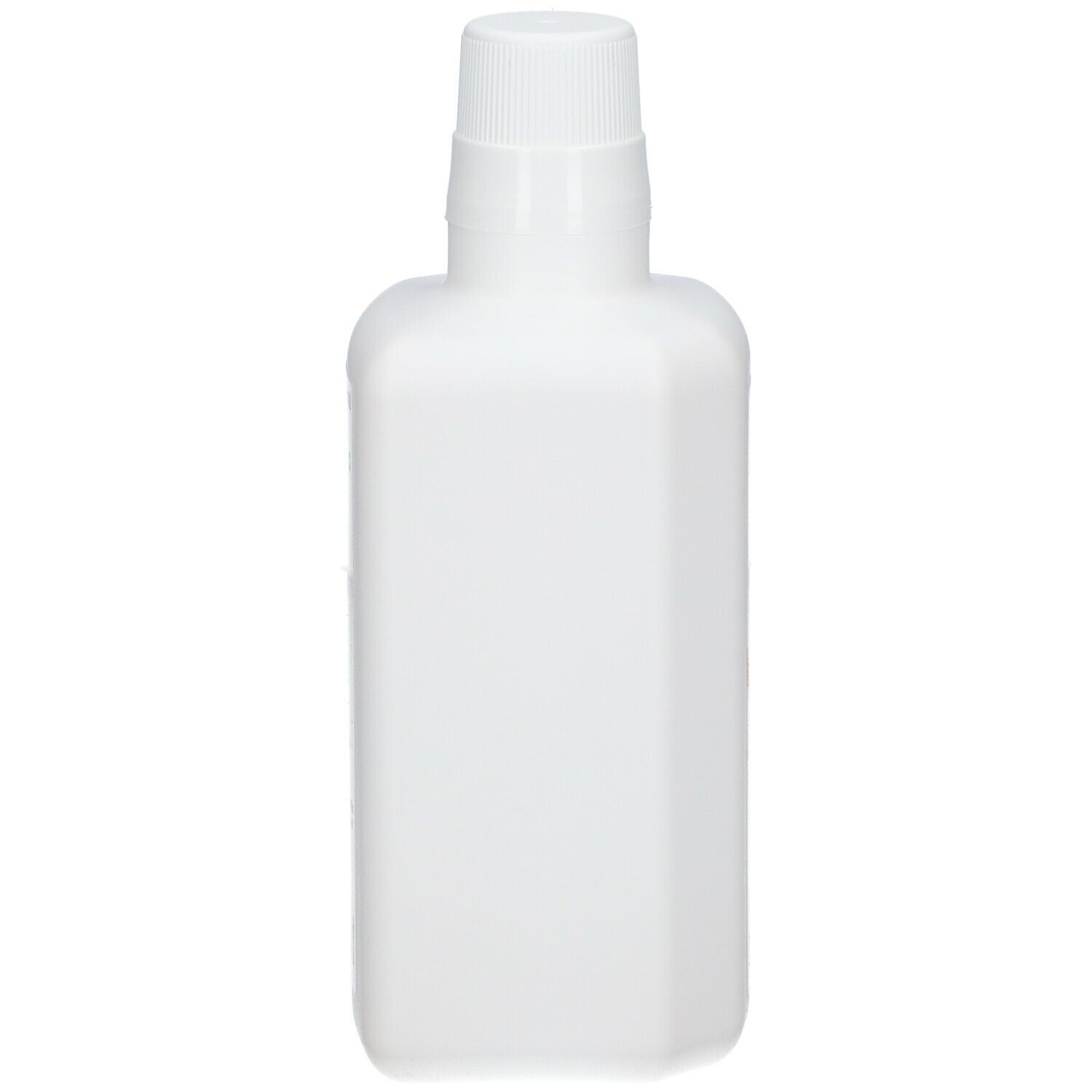 Flacon blanc rectangulaire avec bouchon à vis blanc.
