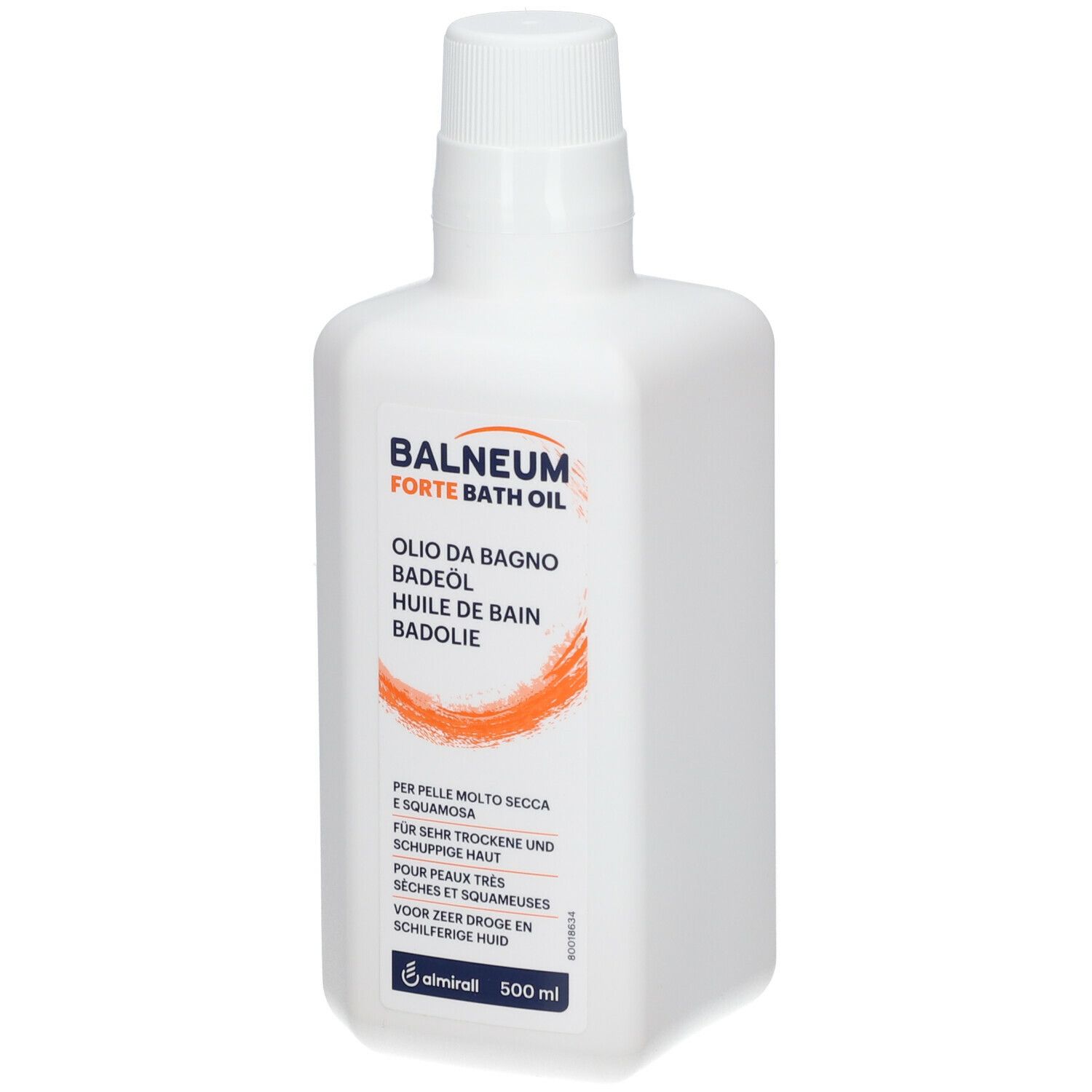 Flacon blanc avec texte et graphique orange. Texte: Balneum Forte Badolie, 500 ml.