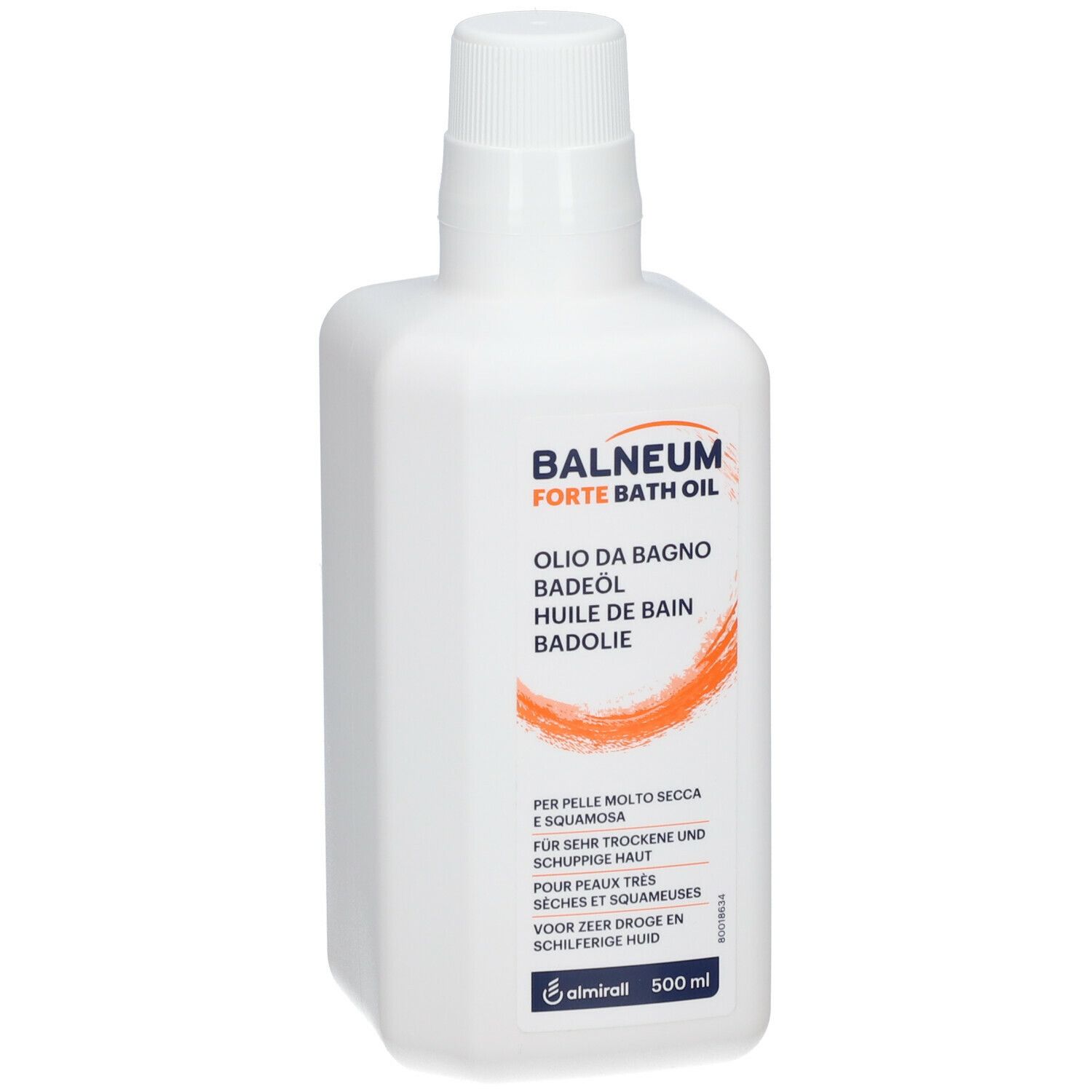 Flacon blanc avec texte et graphique orange. Texte: Balneum Forte Badolie, 500 ml.
