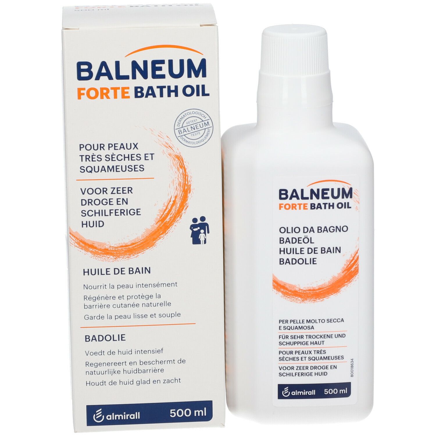 Emballage et flacon du produit. Texte: Balneum Forte Badolie, 500 ml. Graphique orange.