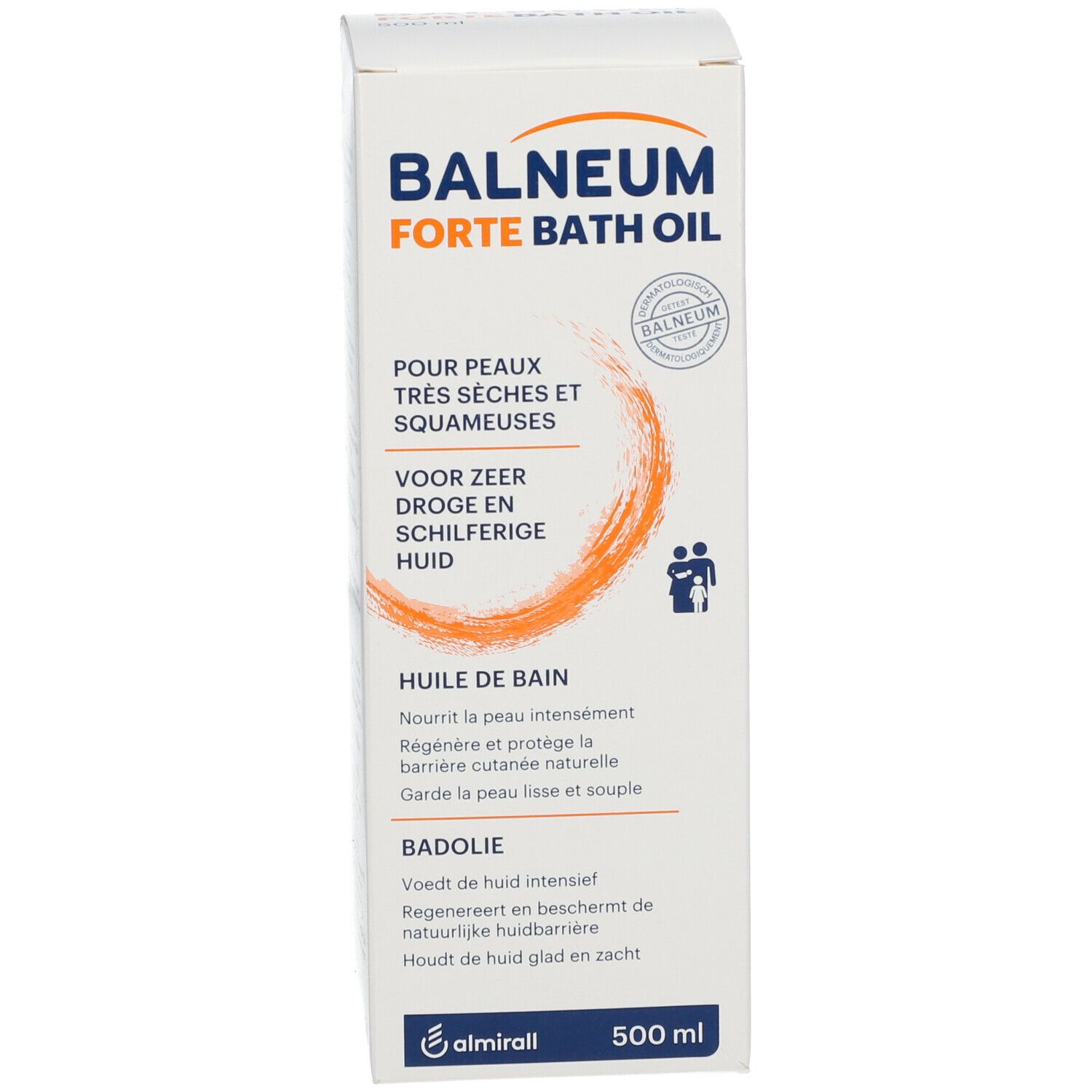 Emballage du produit. Texte: Balneum Forte Badolie, 500 ml. Graphique orange.