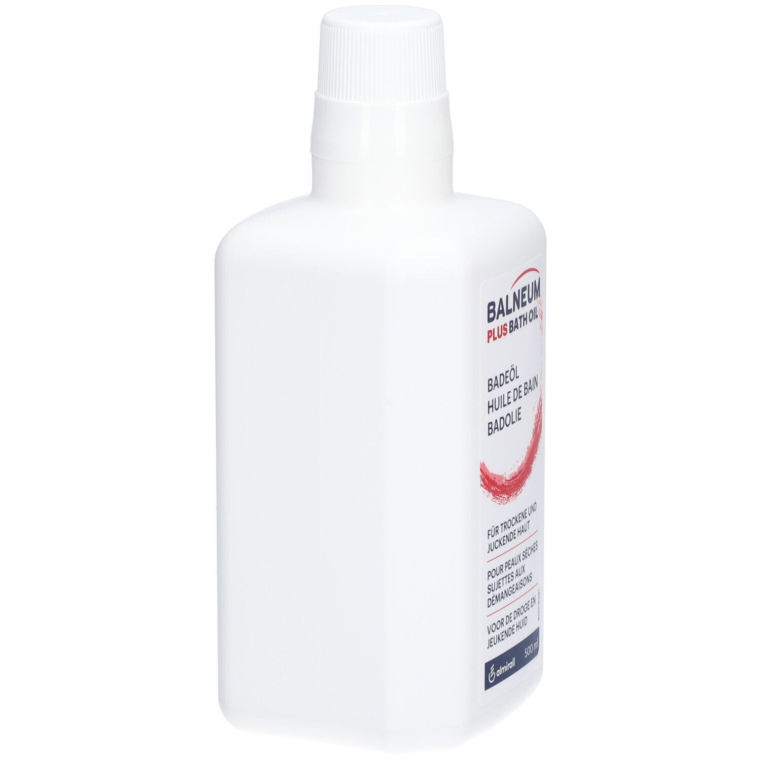 Witte fles, zijaanzicht. Rood etiket met tekst: Balneum Plus Bath Oil, Badolie, Huile de Bain. Voor de droge huid.