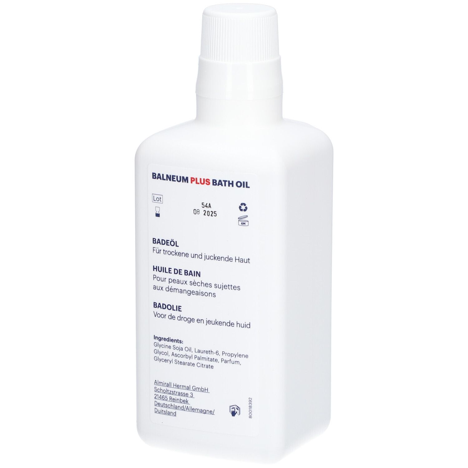Witte fles, achterkant. Tekst: Balneum Plus Bath Oil, Badolie, Huile de Bain. Ingrediënten. Fabrikantenadres.