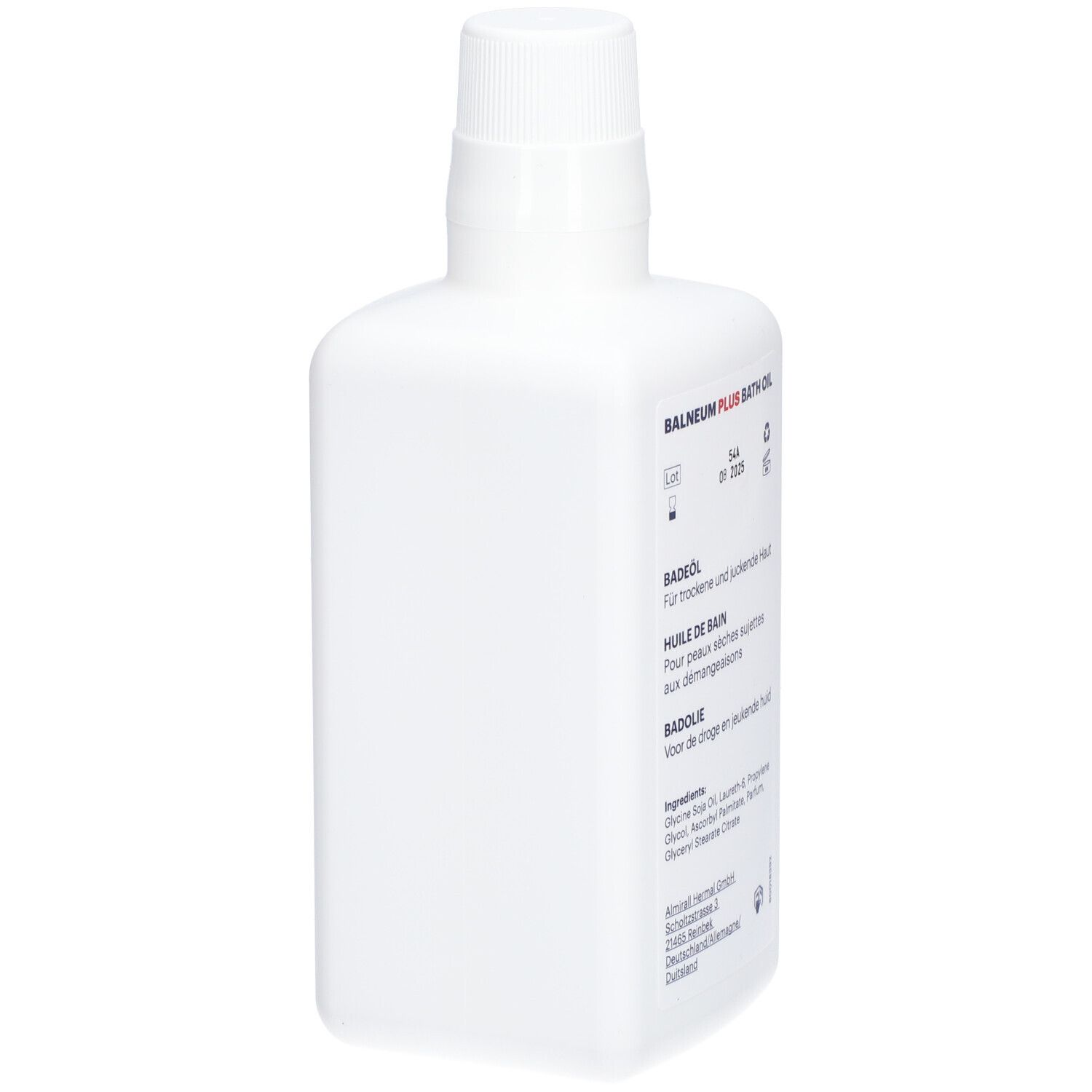 Witte fles, achterkant. Tekst: Balneum Plus Bath Oil, Badolie, Huile de Bain. Fabrikantenadres. Chargenummer.