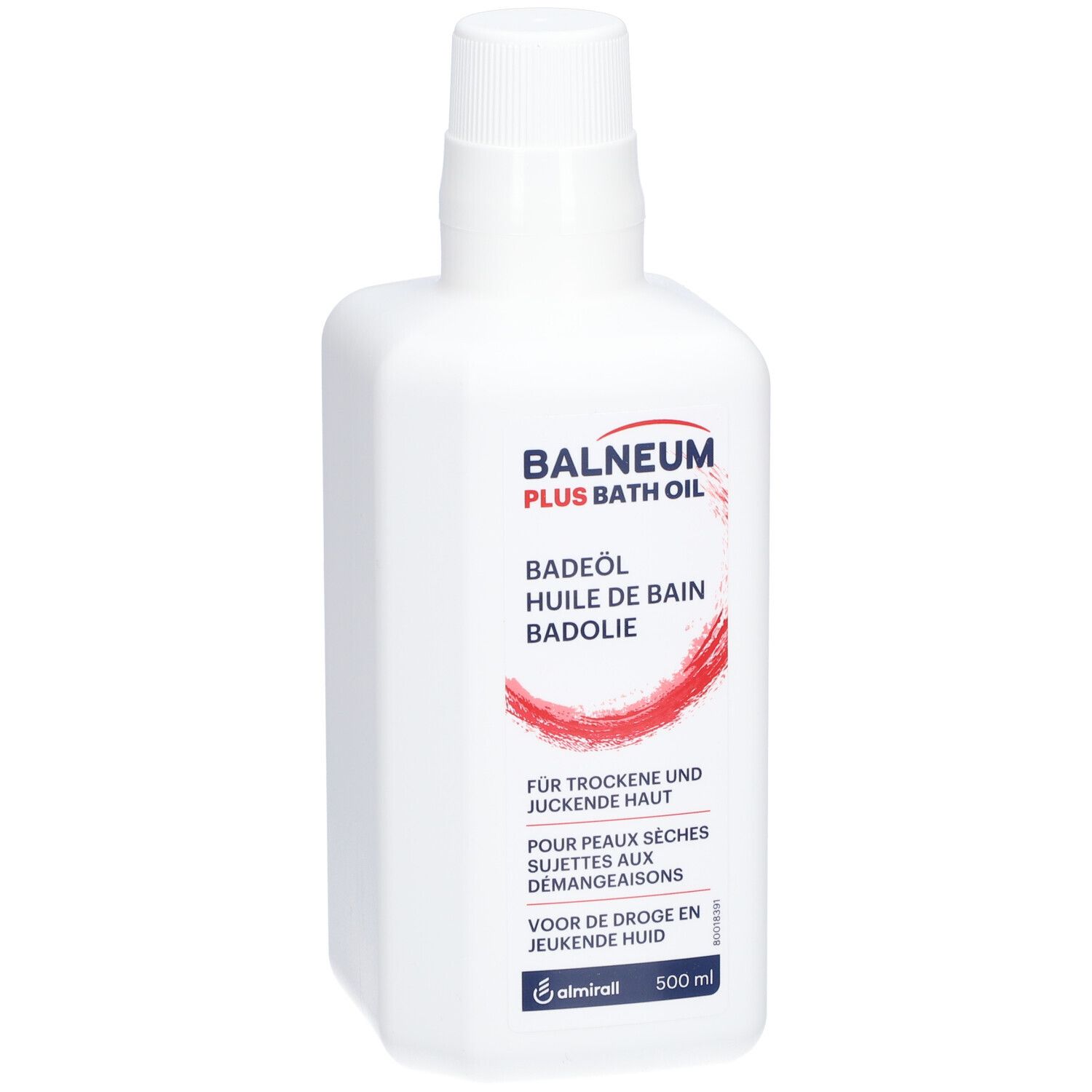 Witte fles met rood etiket. Tekst: Balneum Plus Bath Oil, Badolie, Huile de Bain. Voor de droge en jeukende huid.