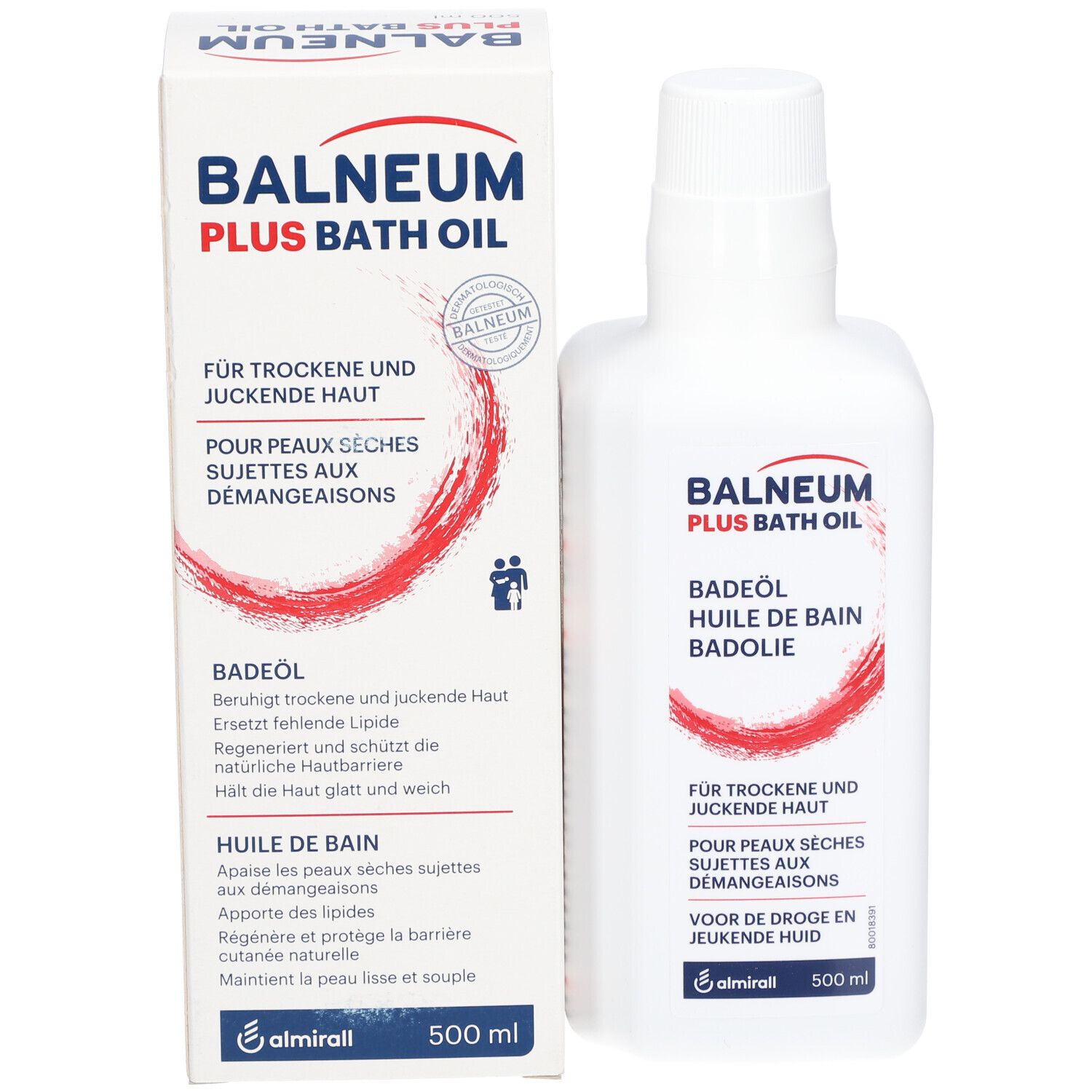 Productverpakking: fles en doos. Tekst: Balneum Plus Bath Oil. Voor de droge huid. Badolie. 500 ml.