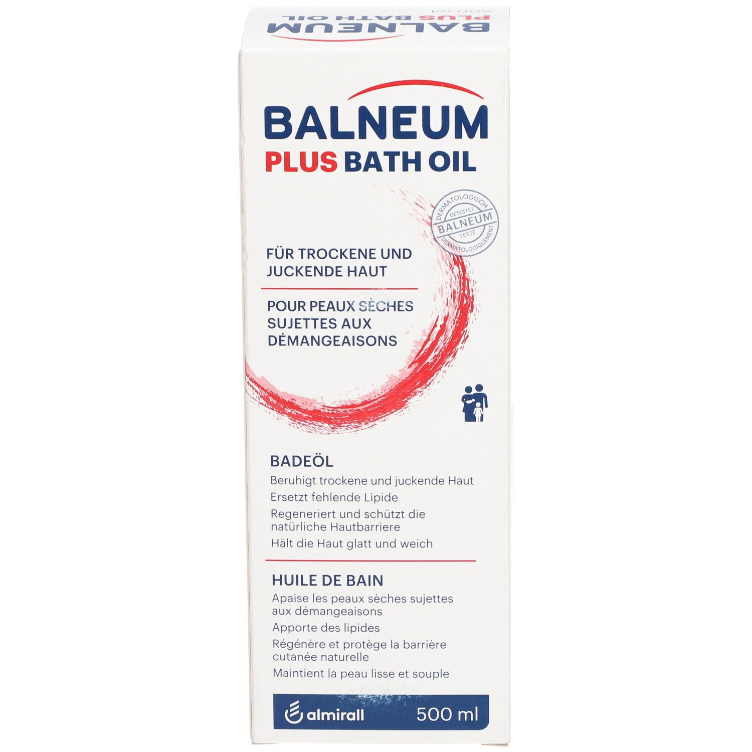 Productverpakking: doos. Tekst: Balneum Plus Bath Oil. Voor de droge huid. Badolie. 500 ml.
