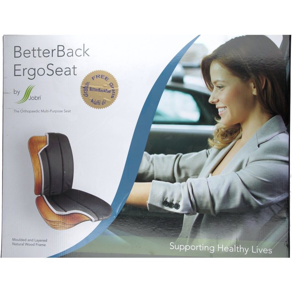 Verpakking BetterBack ErgoSeat. Vrouw in auto. Productafbeelding, tekst: "Supporting Healthy Lives".