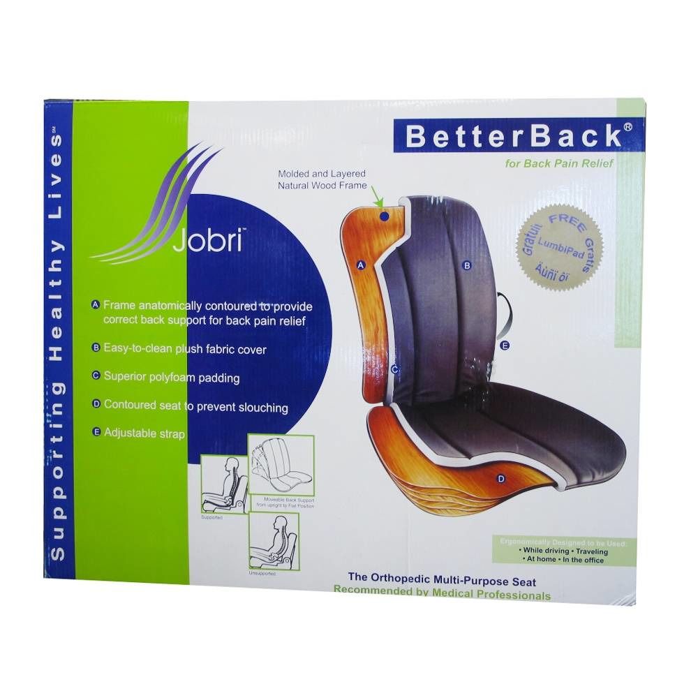Verpakking BetterBack ErgoSeat. Productafbeelding, doorsnede. Tekst: "Supporting Healthy Lives".